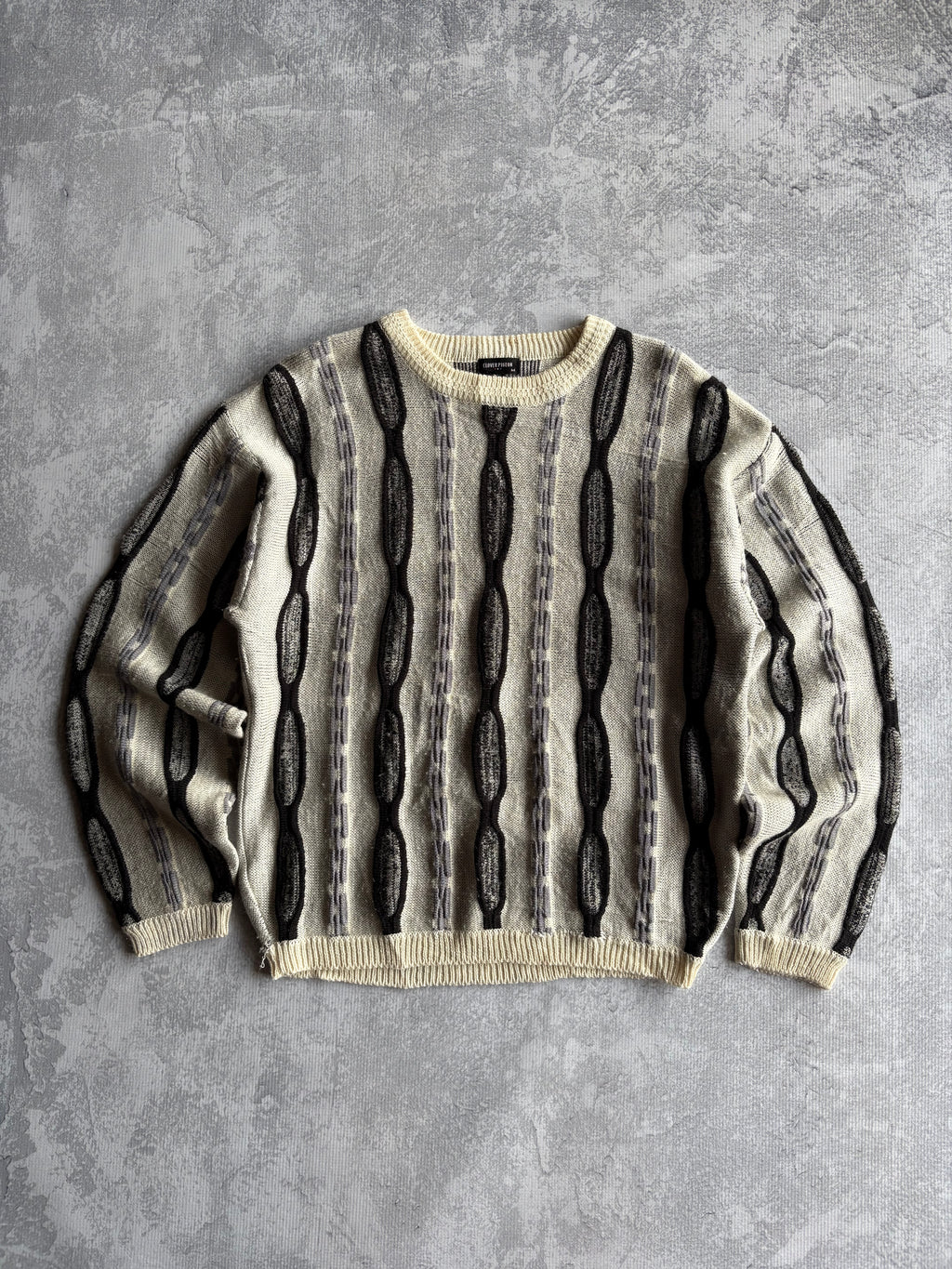 Vintage 90s 3D Abstract Striped Coogi Style Beige Knit Sweater - L