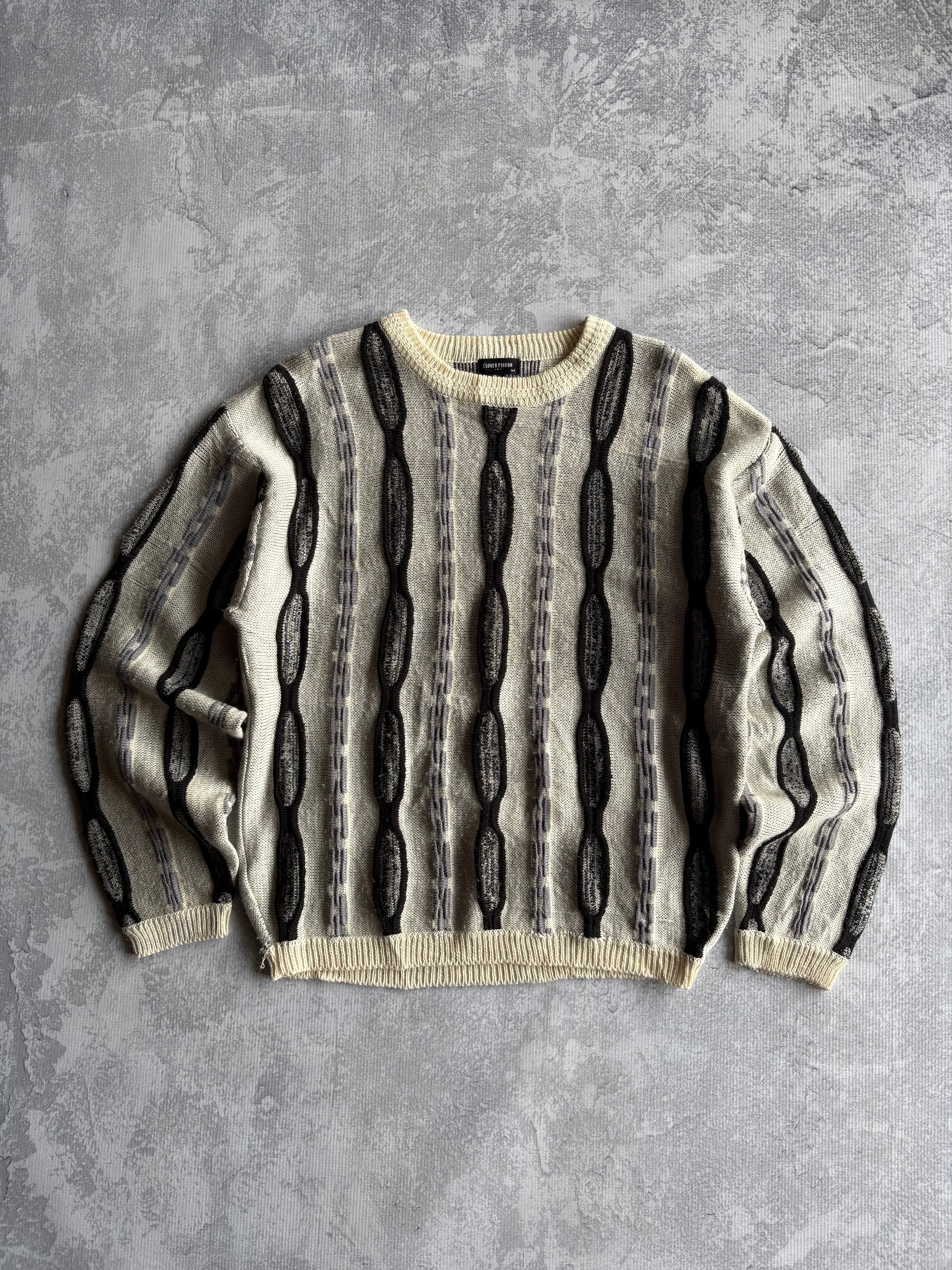 Vintage 90s 3D Abstract Striped Coogi Style Beige Knit Sweater - L