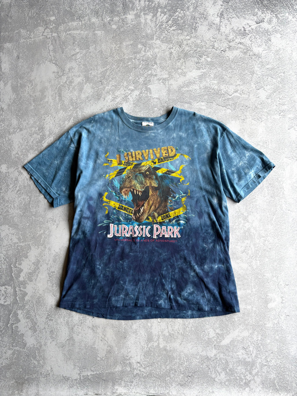 Vintage 2000s I Survived Jurassic Park Universal Studios Tie Dye Blue Tee Shirt - XL