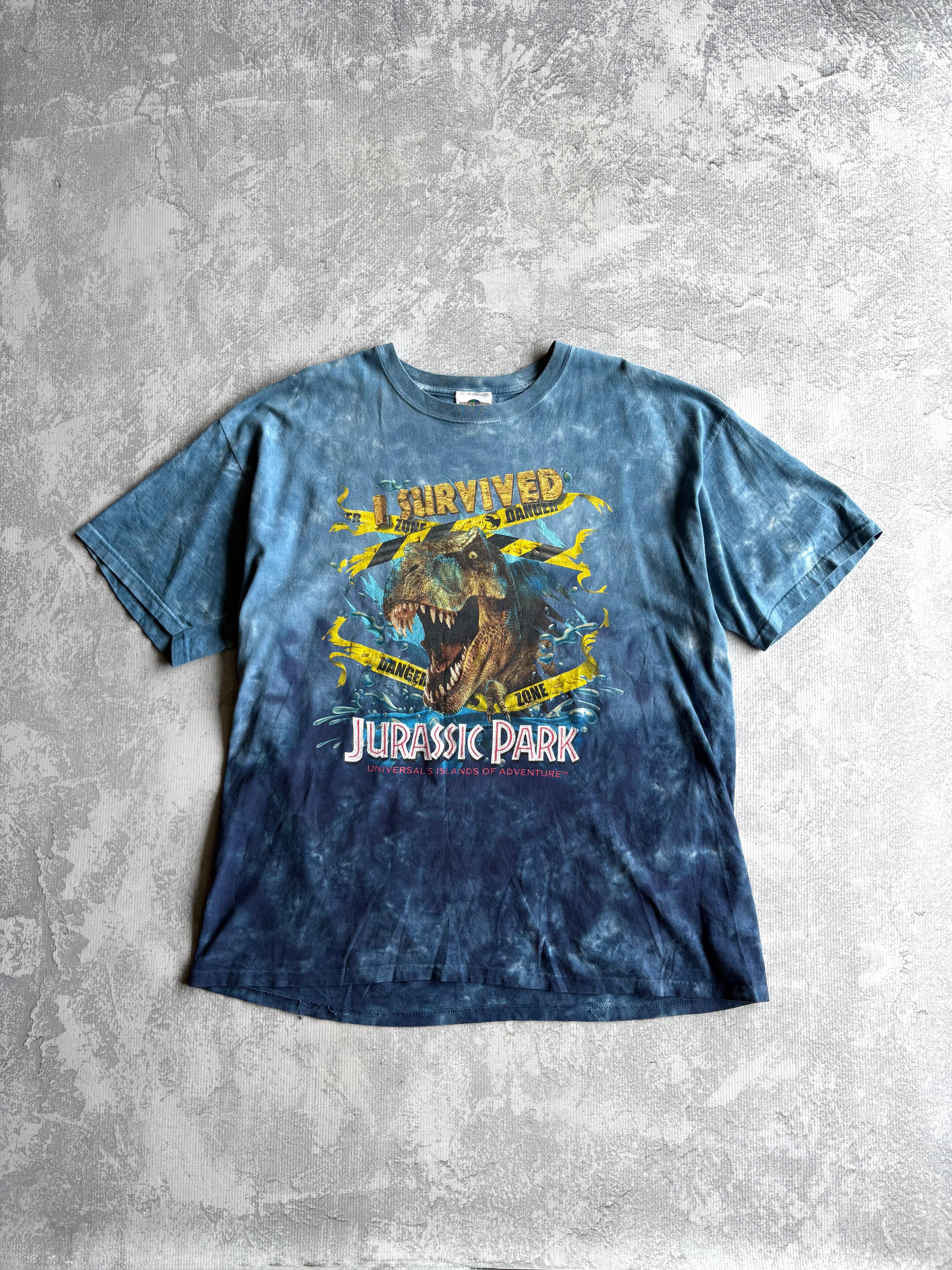 Vintage 2000s I Survived Jurassic Park Universal Studios Tie Dye Blue Tee Shirt - XL