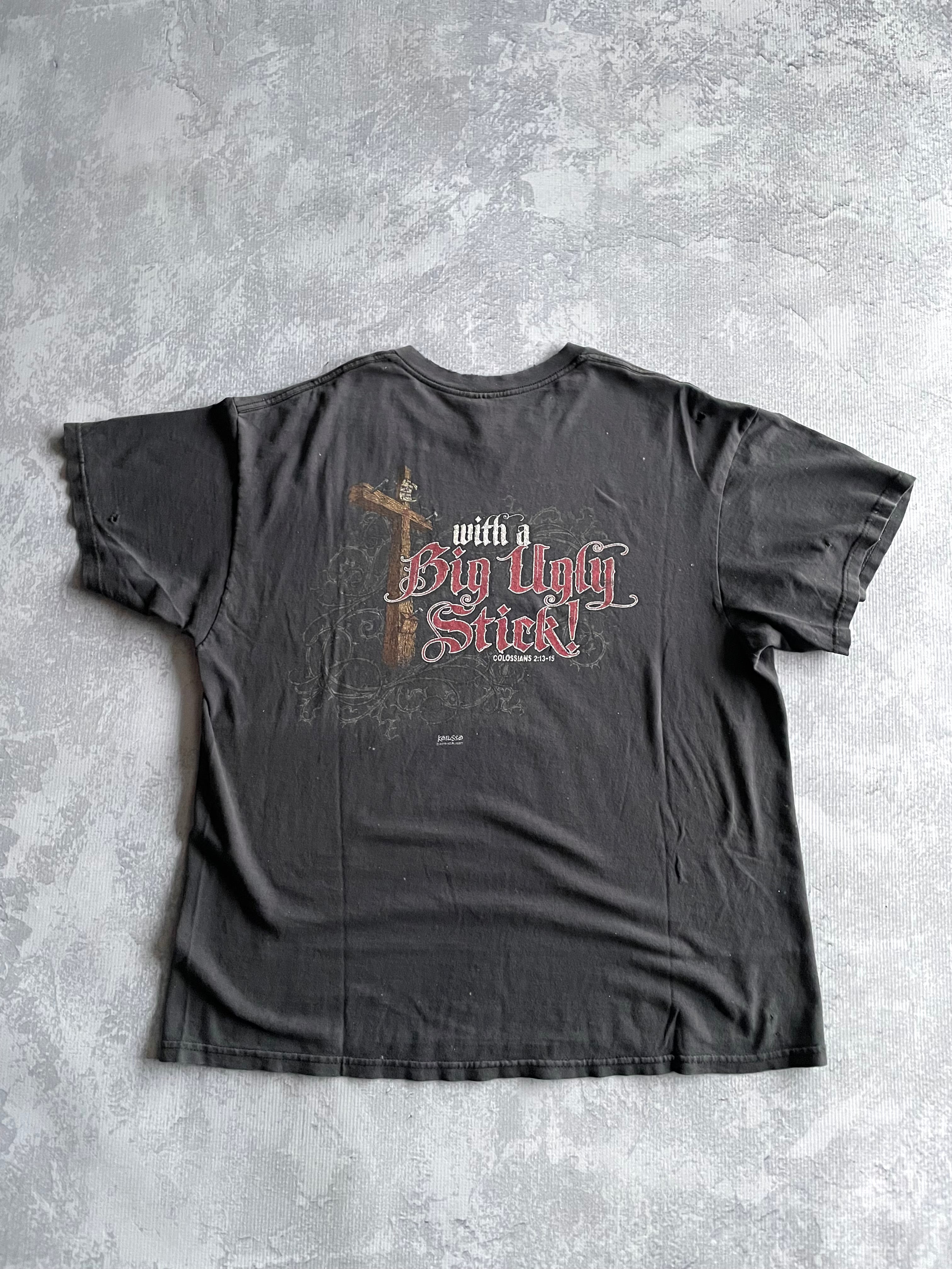 Vintage Jesus Beat The Devil Funny Distressed Faded Tee Shirt