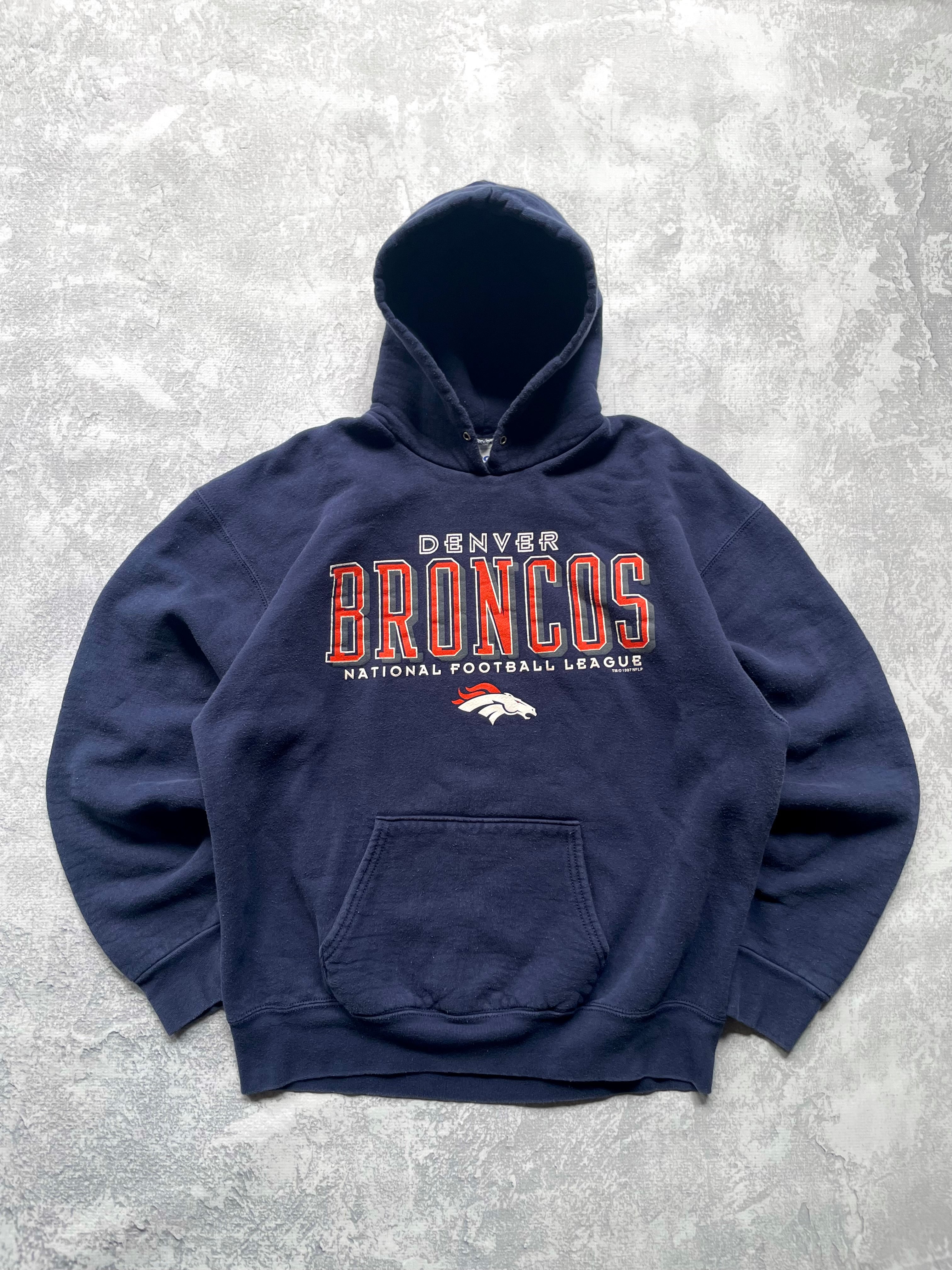 Vintage 1997 Denver Broncos NFL Pro Player Spellout Hoodie - XL