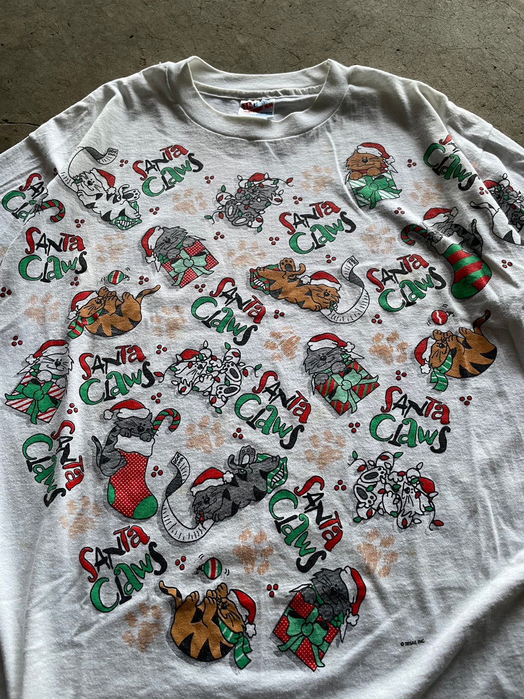 Vintage 90s Santa Claws Cat Christmas AOP White Tee Shirt - XL