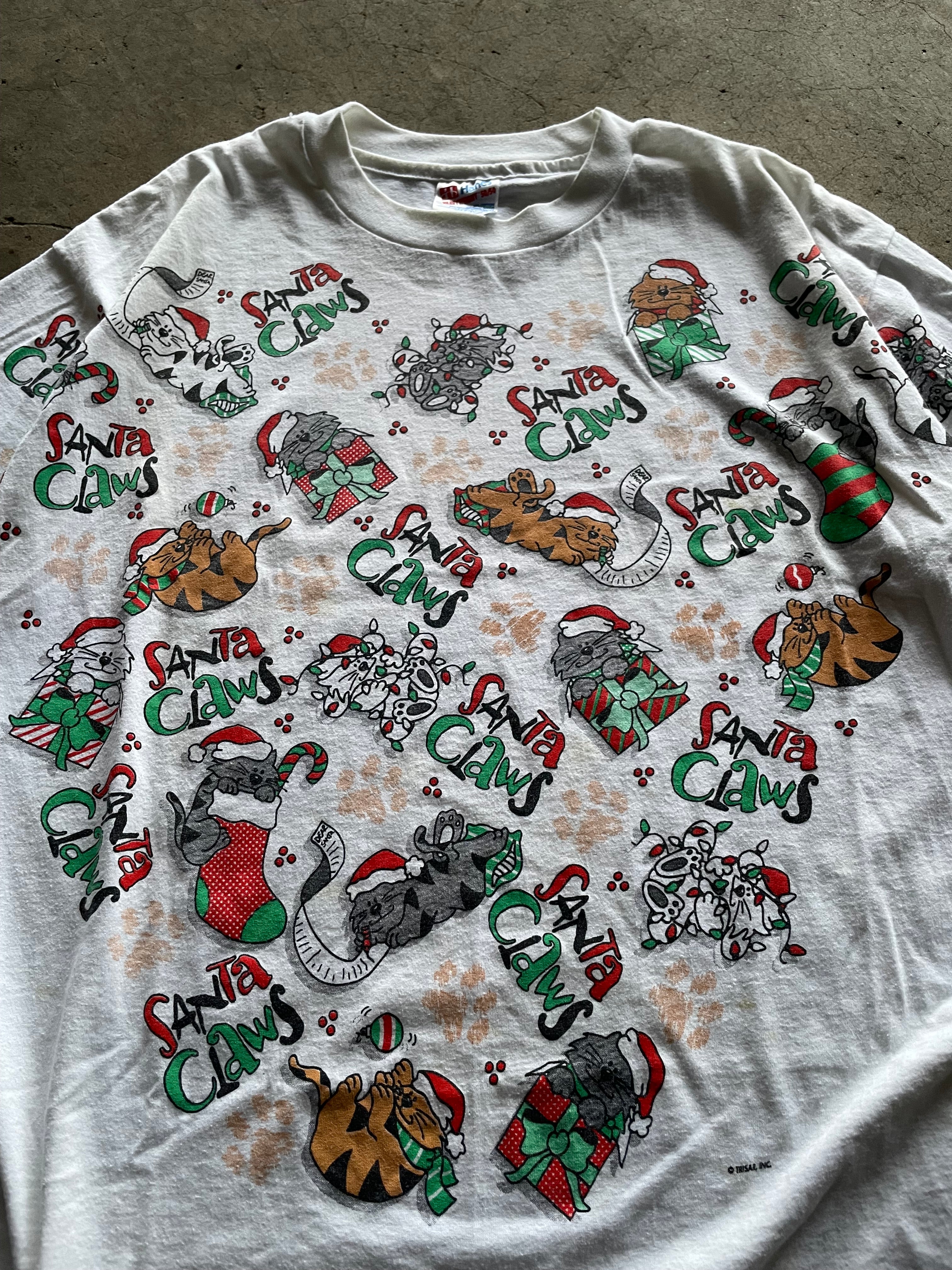 Vintage 90s Santa Claws Cat Christmas AOP White Tee Shirt - XL