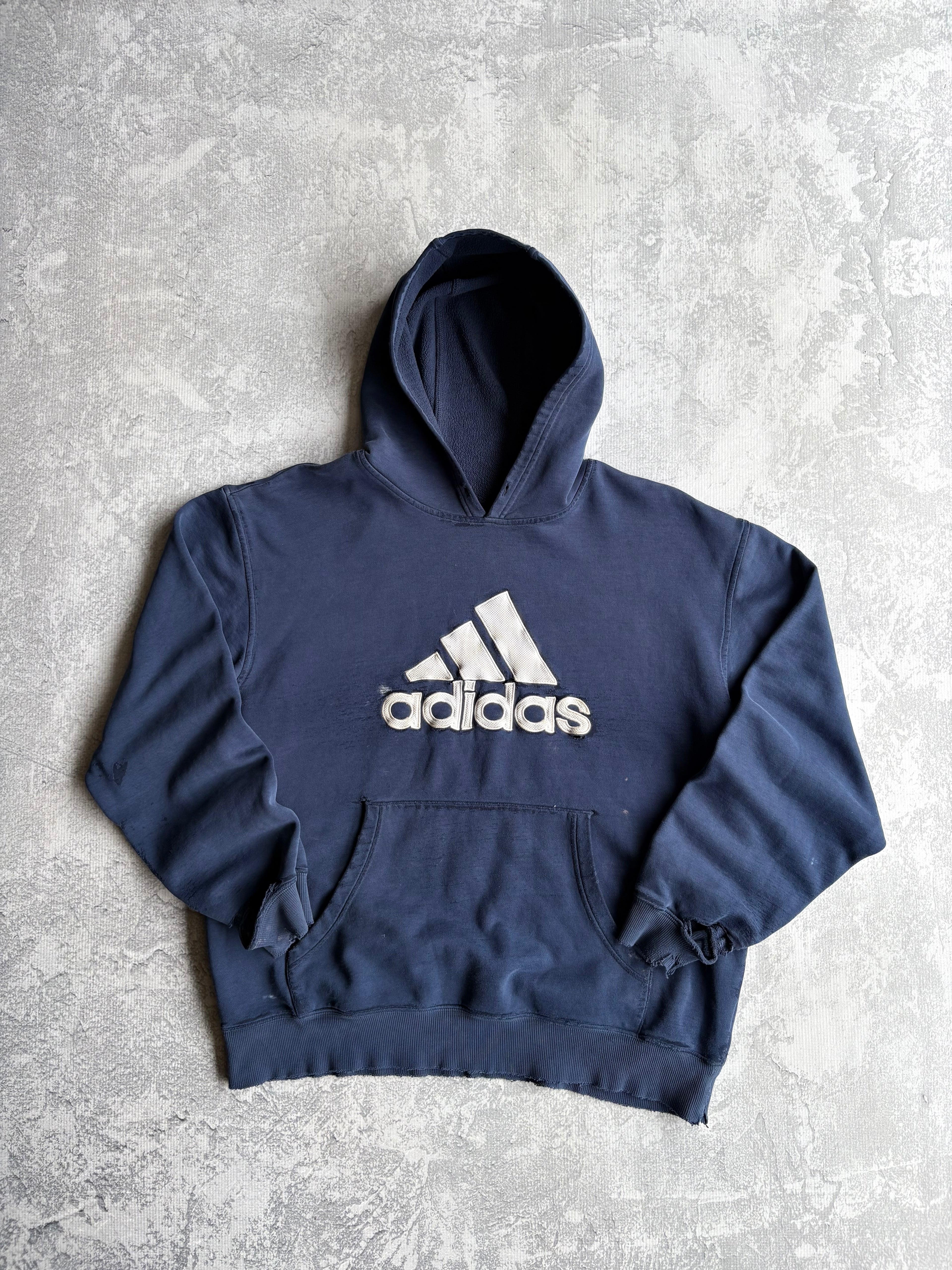 Vintage 2000s Adidas Center Logo Thrashed Navy Hoodie - XL