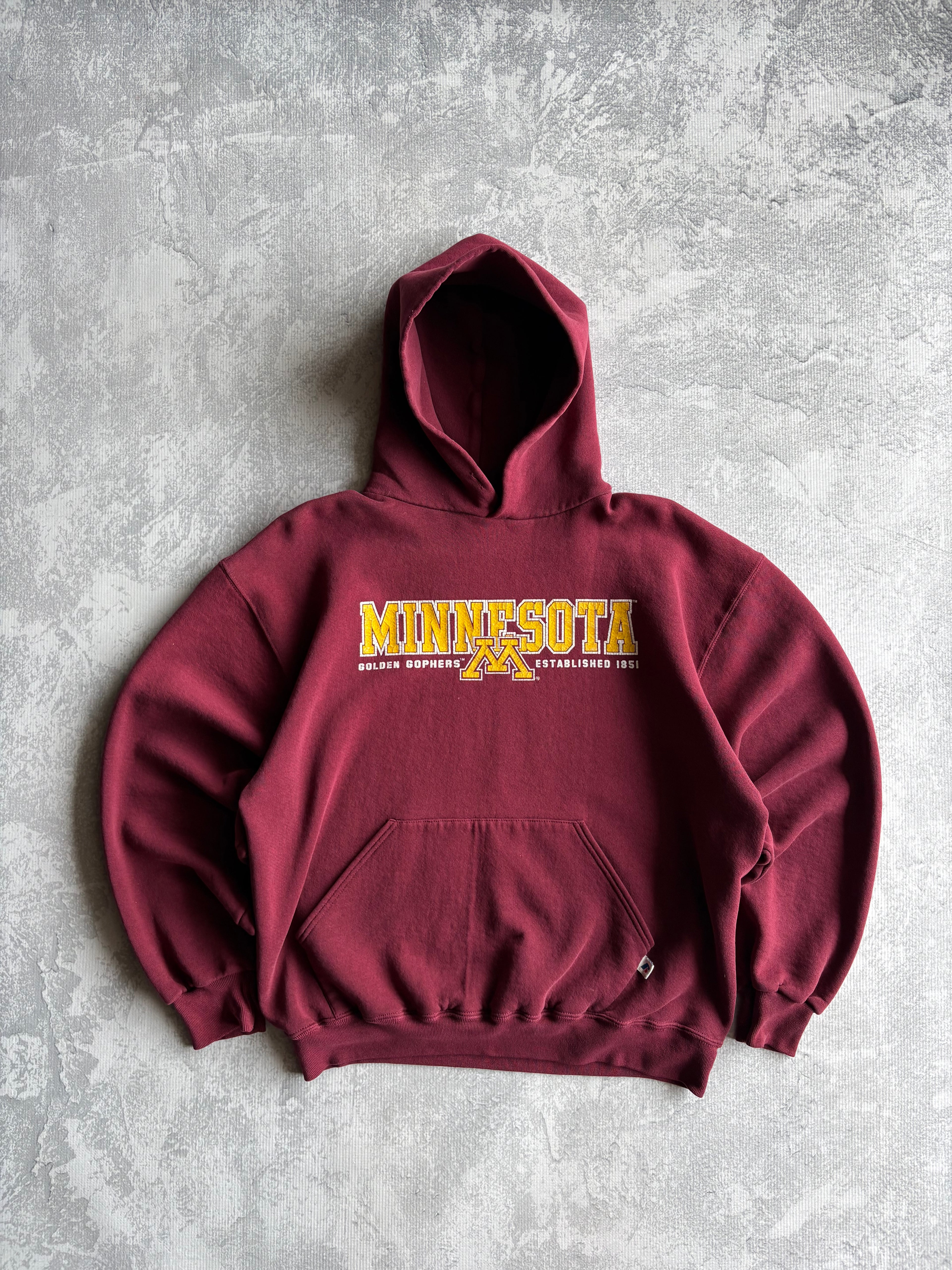 Vintage 90s Russell Athletic University of Minnesota Gophers Spellout Hoodie - L