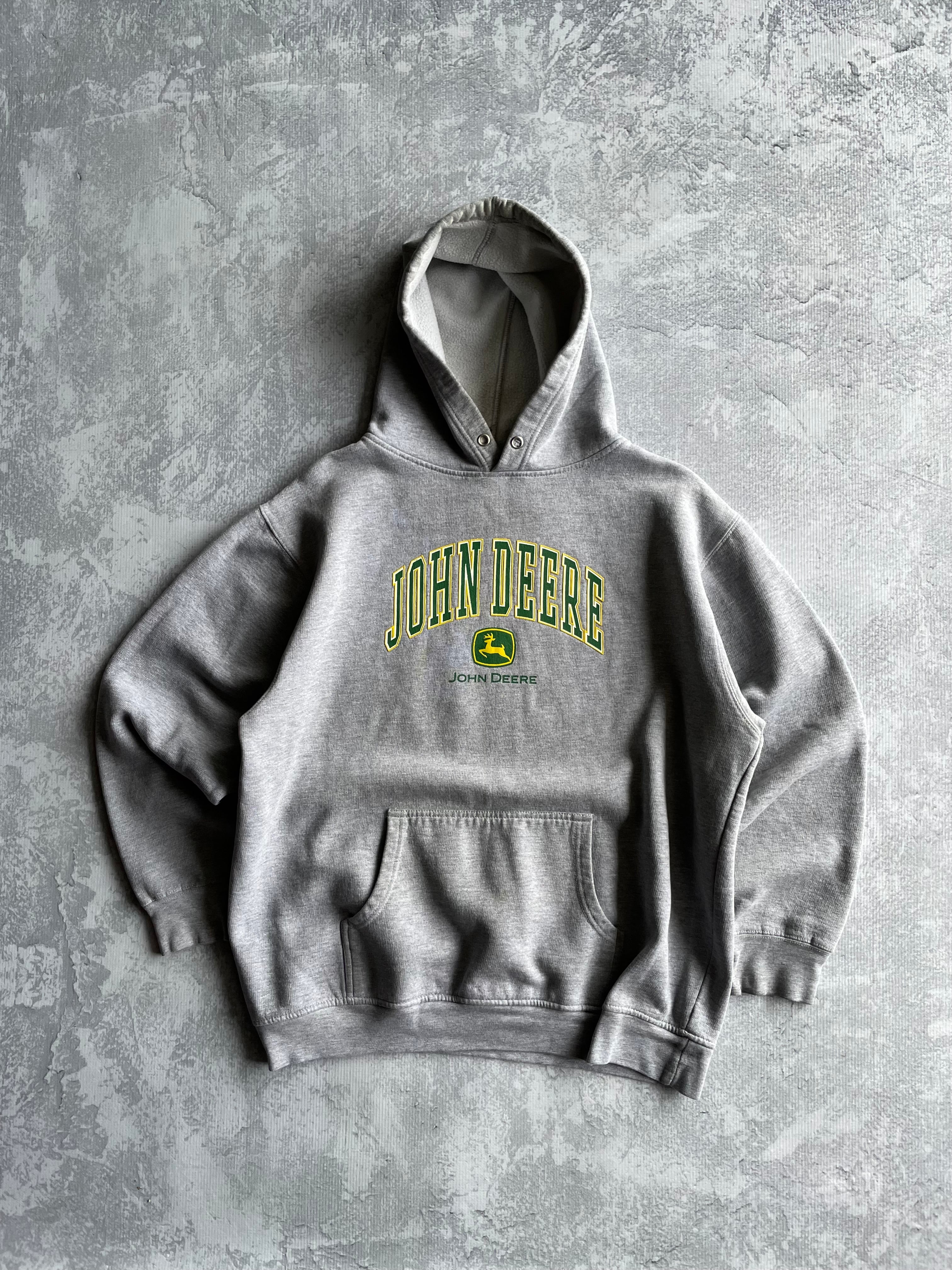 Vintage John Deere Spellout Logo Grey Hoodie - L