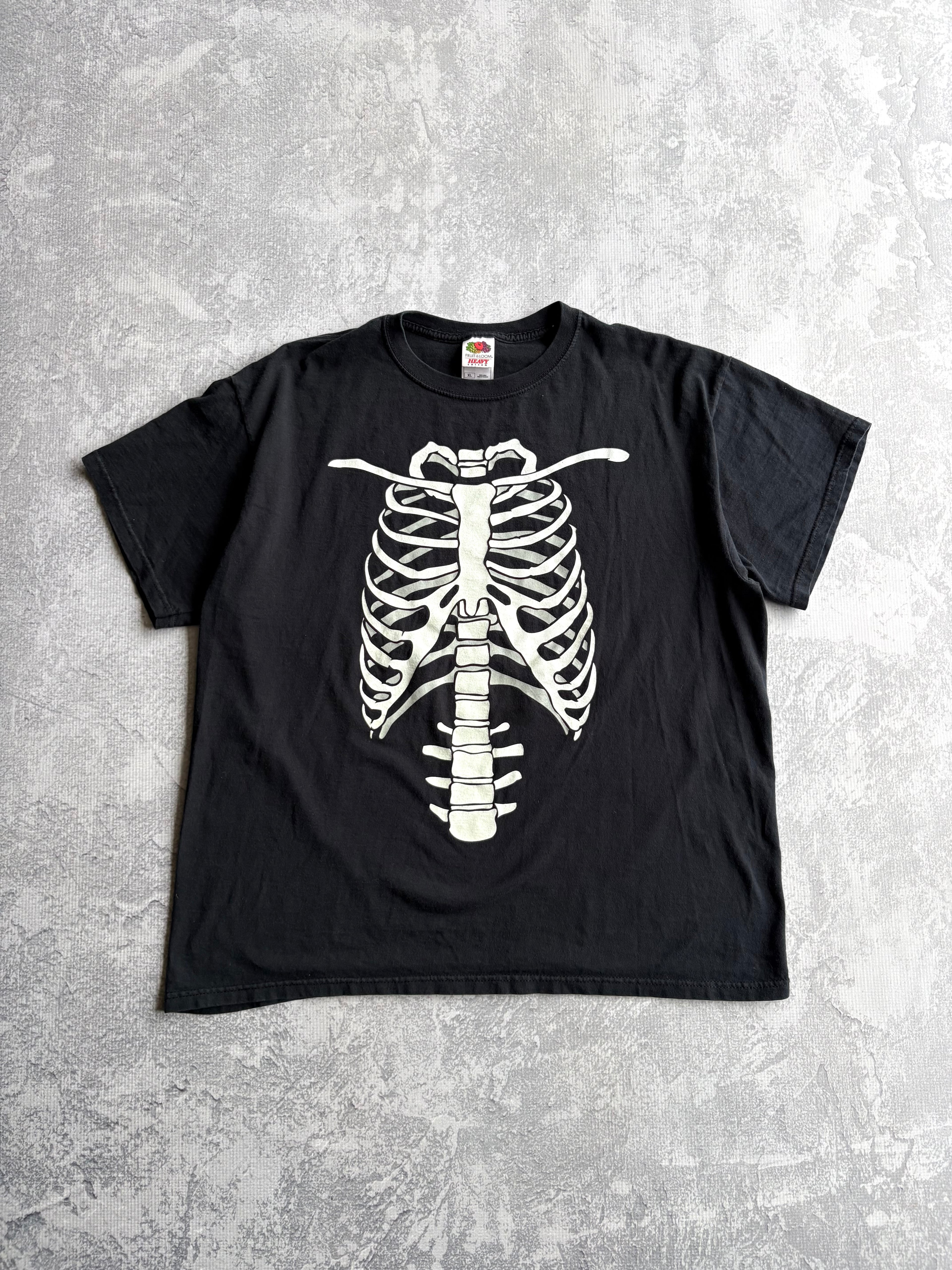 Vintage 90s Skeleton Ribcage Glow in the Dark Black Tee Shirt - XL