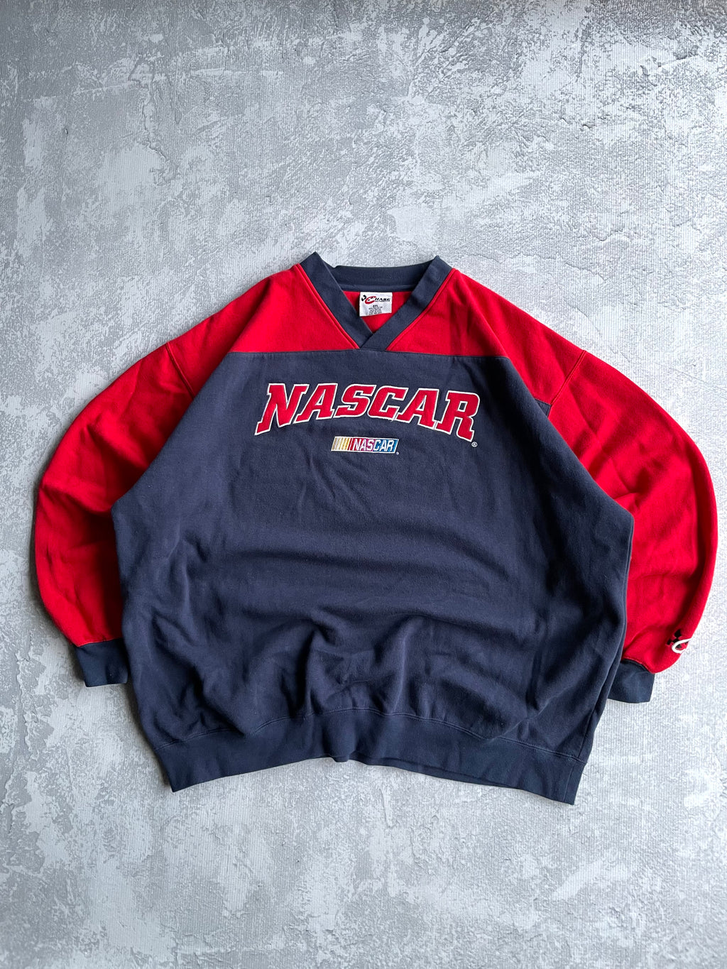 Vintage 90s NASCAR Spellout Navy V-neck Sweatshirt - 2XL