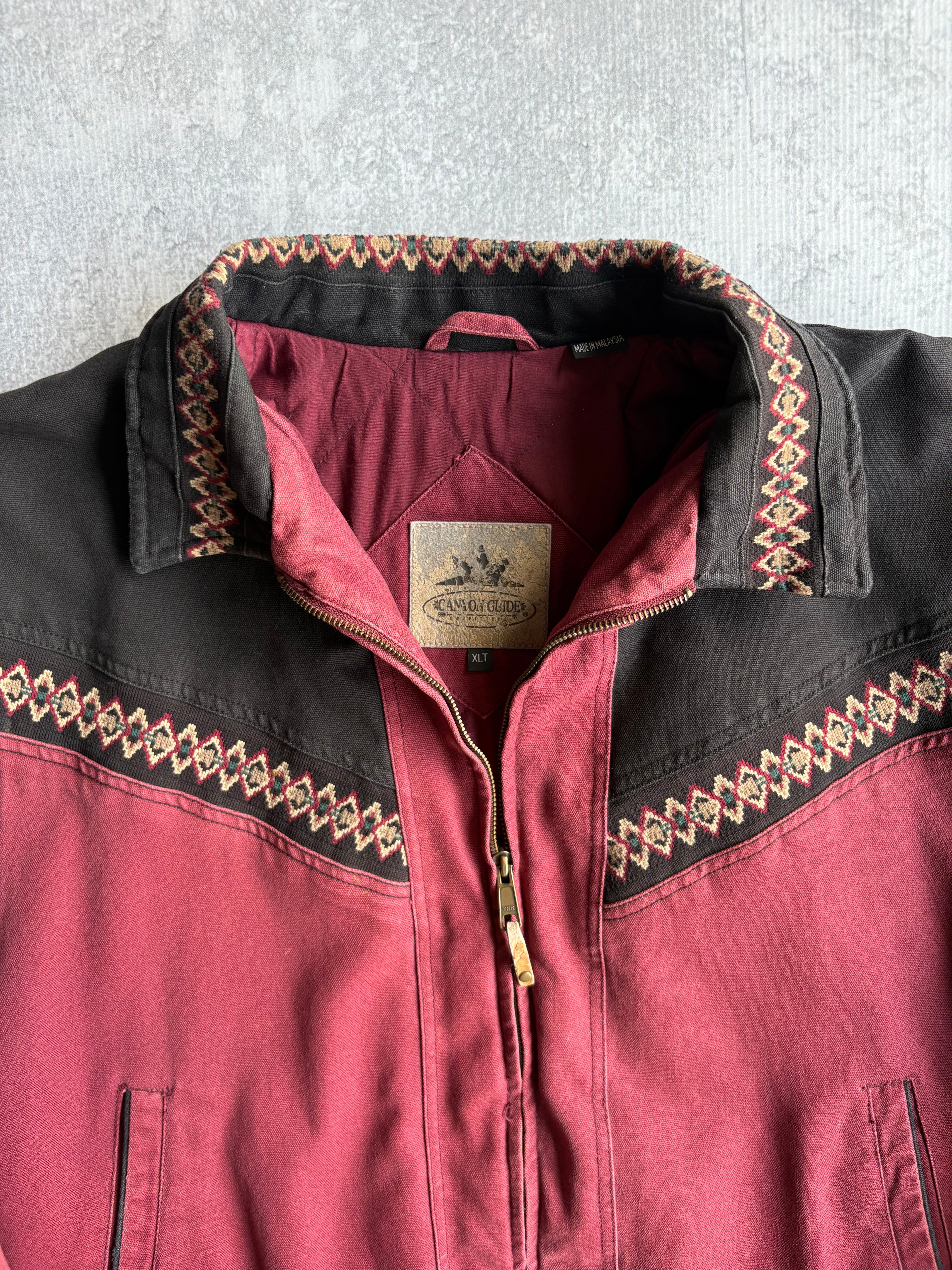 Vintage 2000s Aztec Style Burgundy Worker Canvas Jacket - 2XL