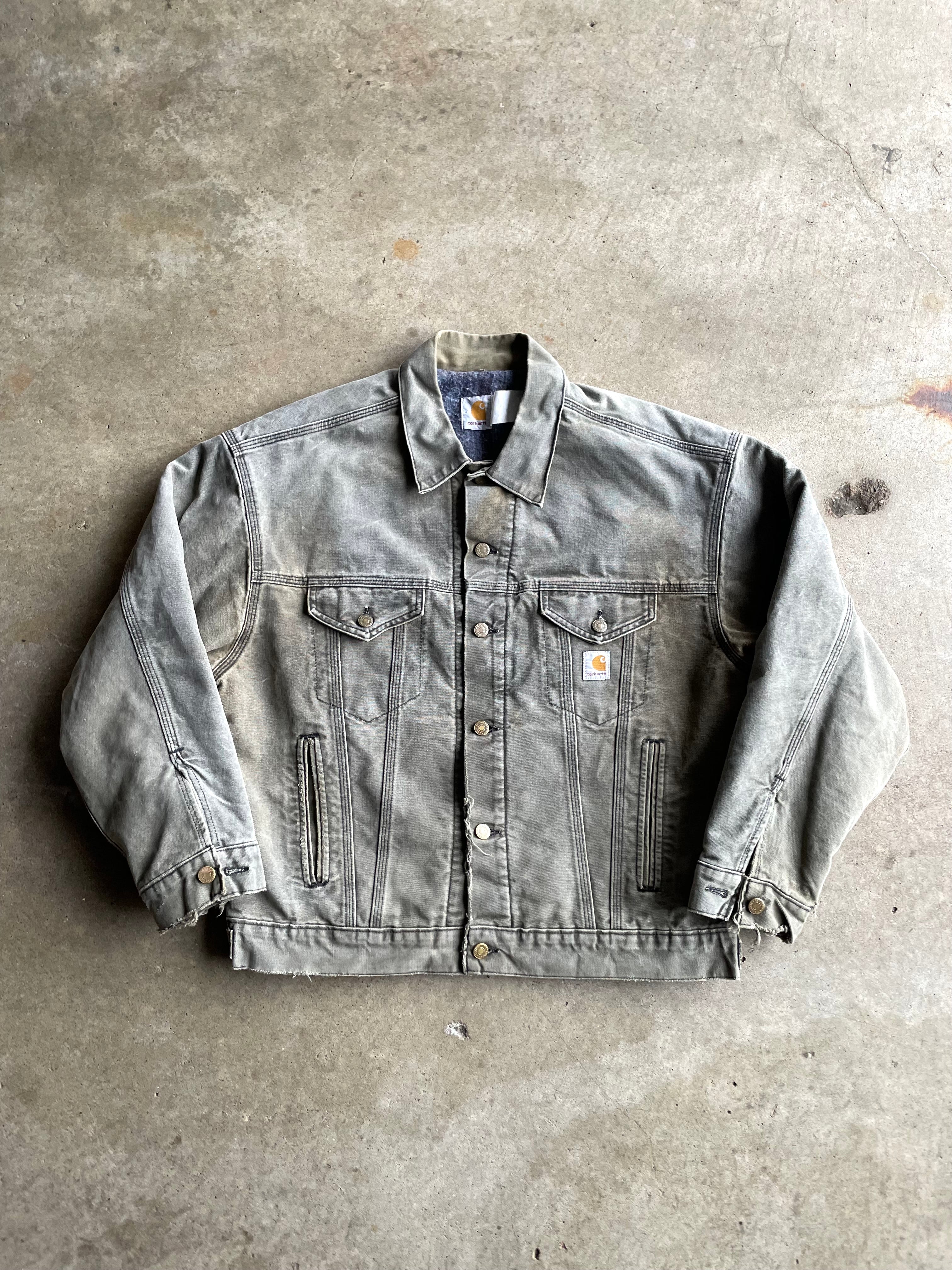 Vintage 90s JB182 Rare Carhartt Green Blanket Lined Distressed Trucker Jacket - L