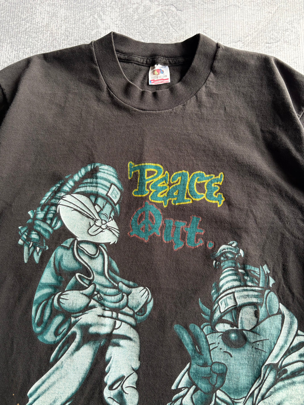 Vintage 90s Looney Tunes Peace Out Hip Hop AOP Black Tee Shirt - L