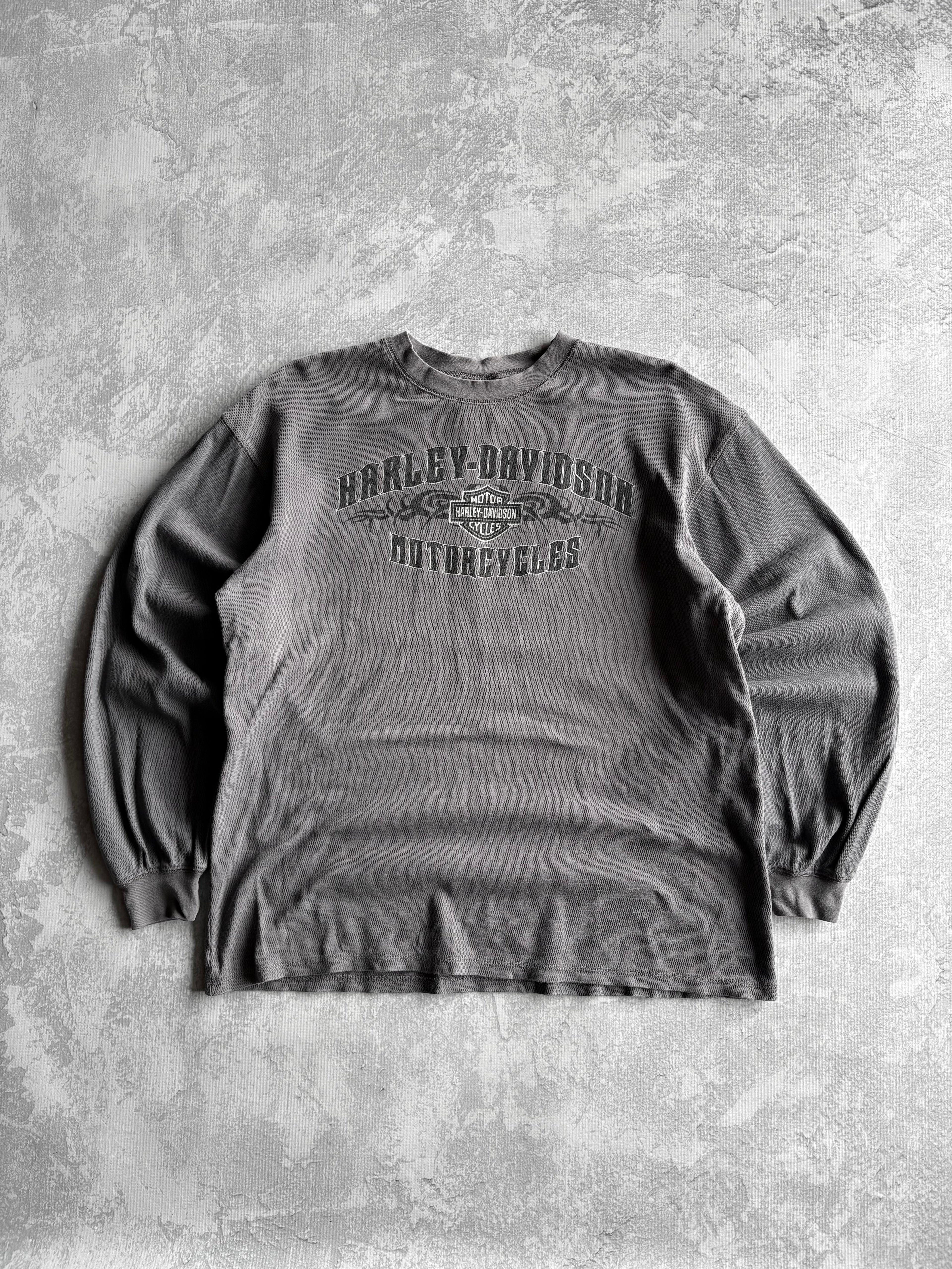 Vintage Harley Davidson Center Logo Grey Thermal Longsleeve - L