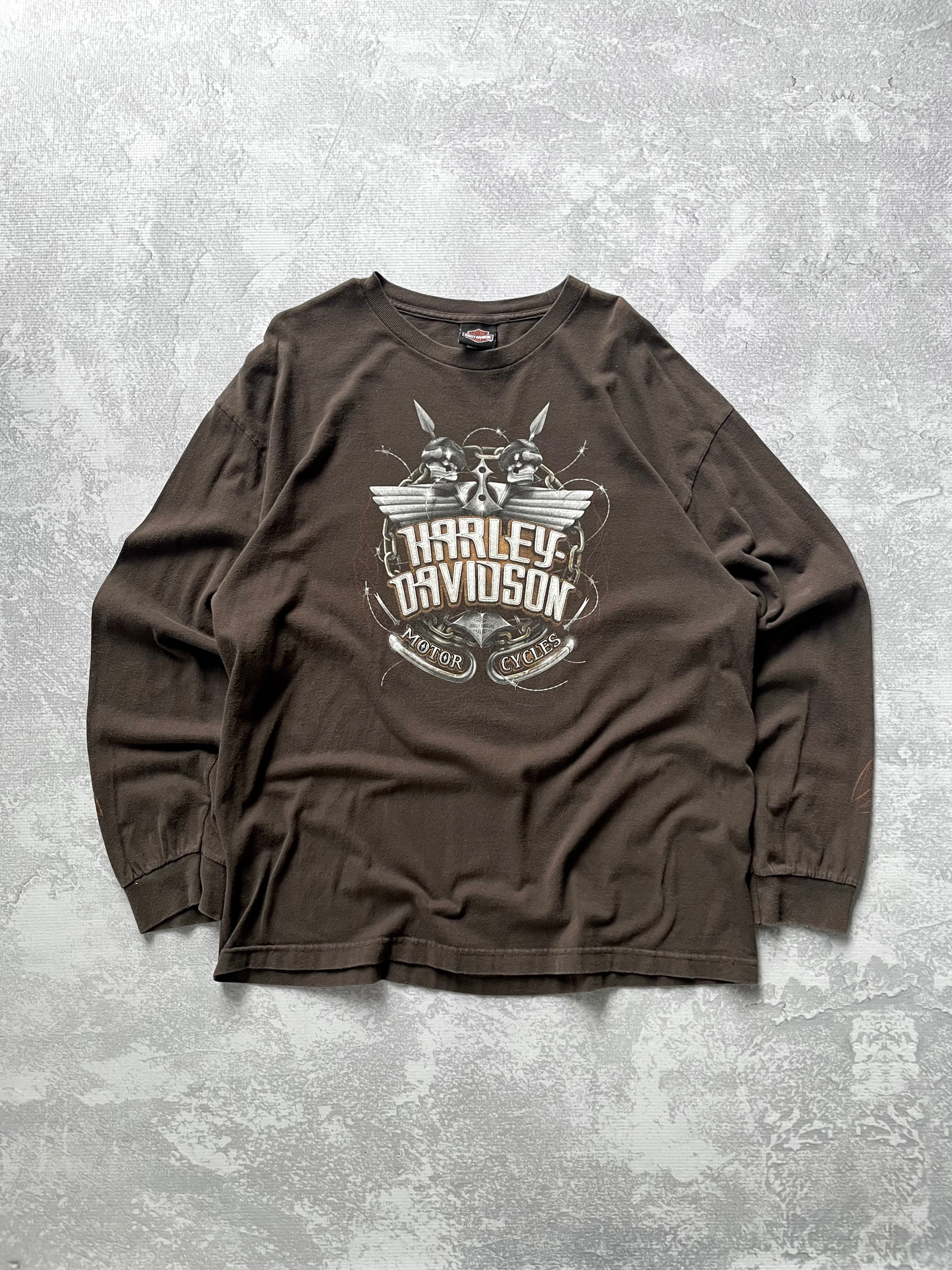 Y2K Harley Davidson Skull Flame Brown Long Sleeve Tee - XL