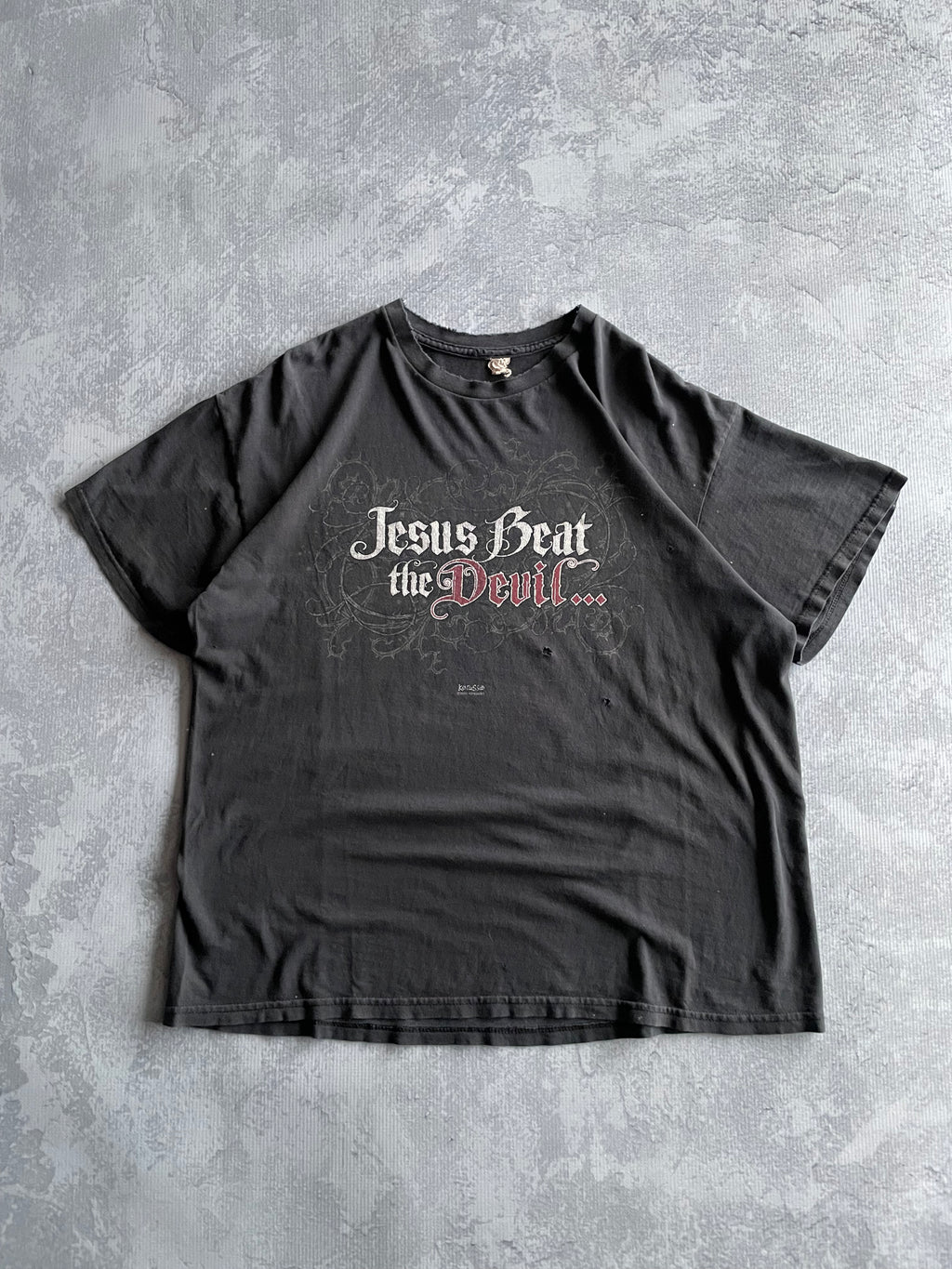 Vintage Jesus Beat The Devil Funny Distressed Faded Tee Shirt
