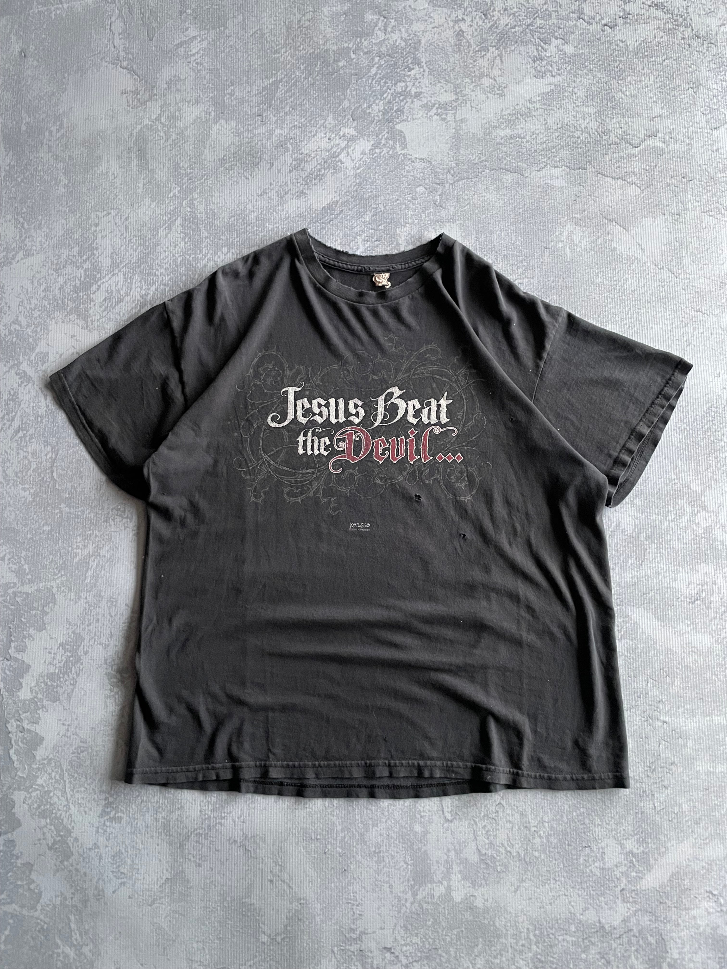 Vintage Jesus Beat The Devil Funny Distressed Faded Tee Shirt