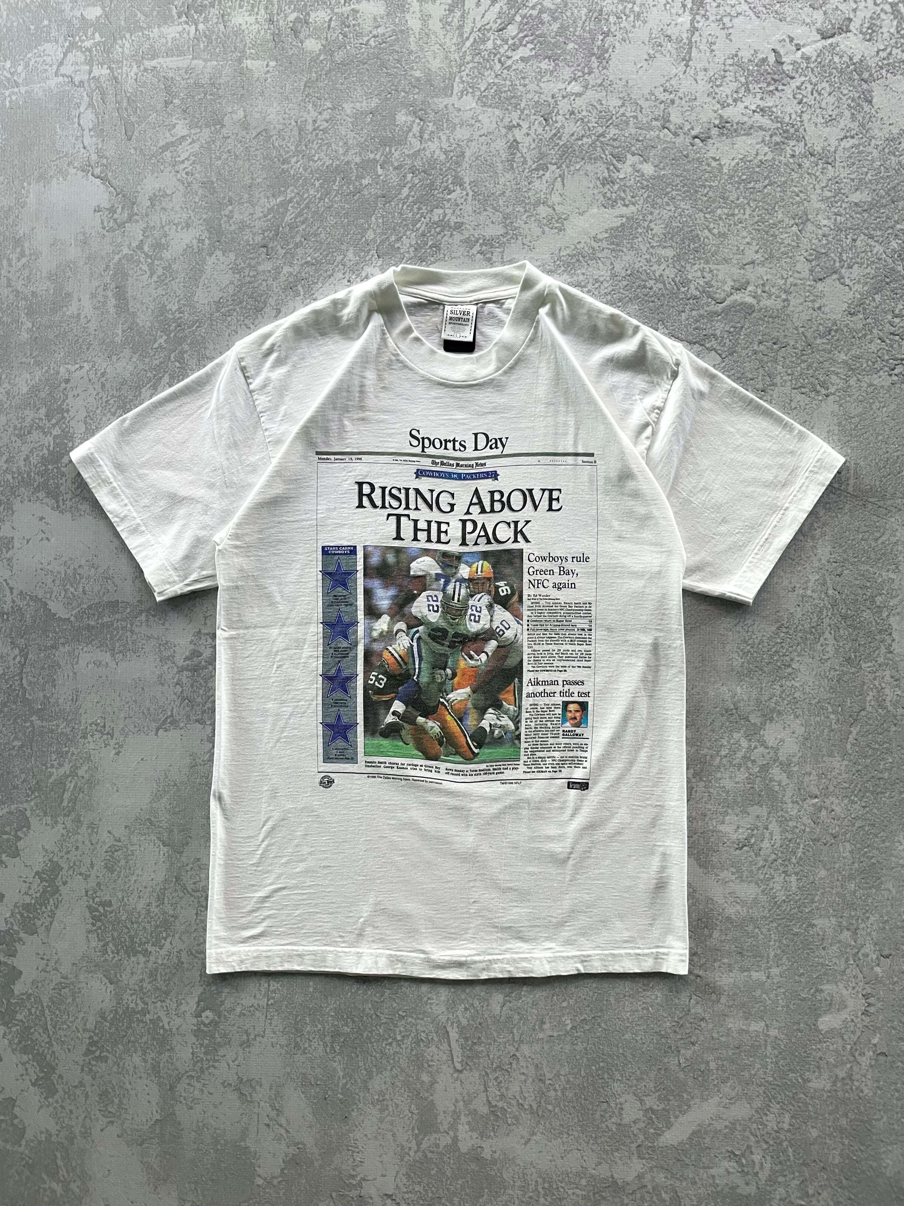 Vintage 1996 Cowboys vs Packers Sports Day Newspaper Print Tee Shirt -LT