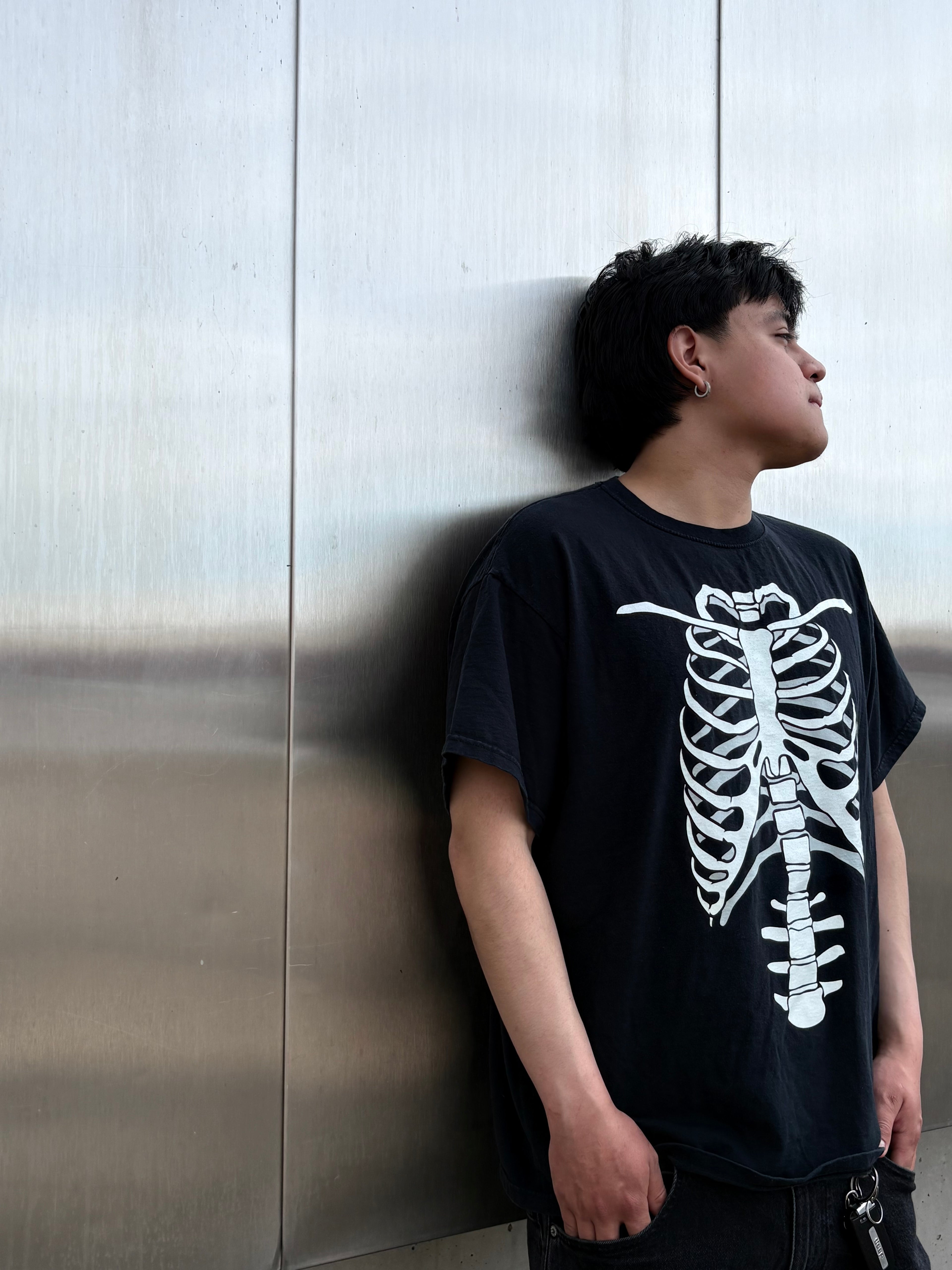 Vintage 90s Skeleton Ribcage Glow in the Dark Black Tee Shirt - XL
