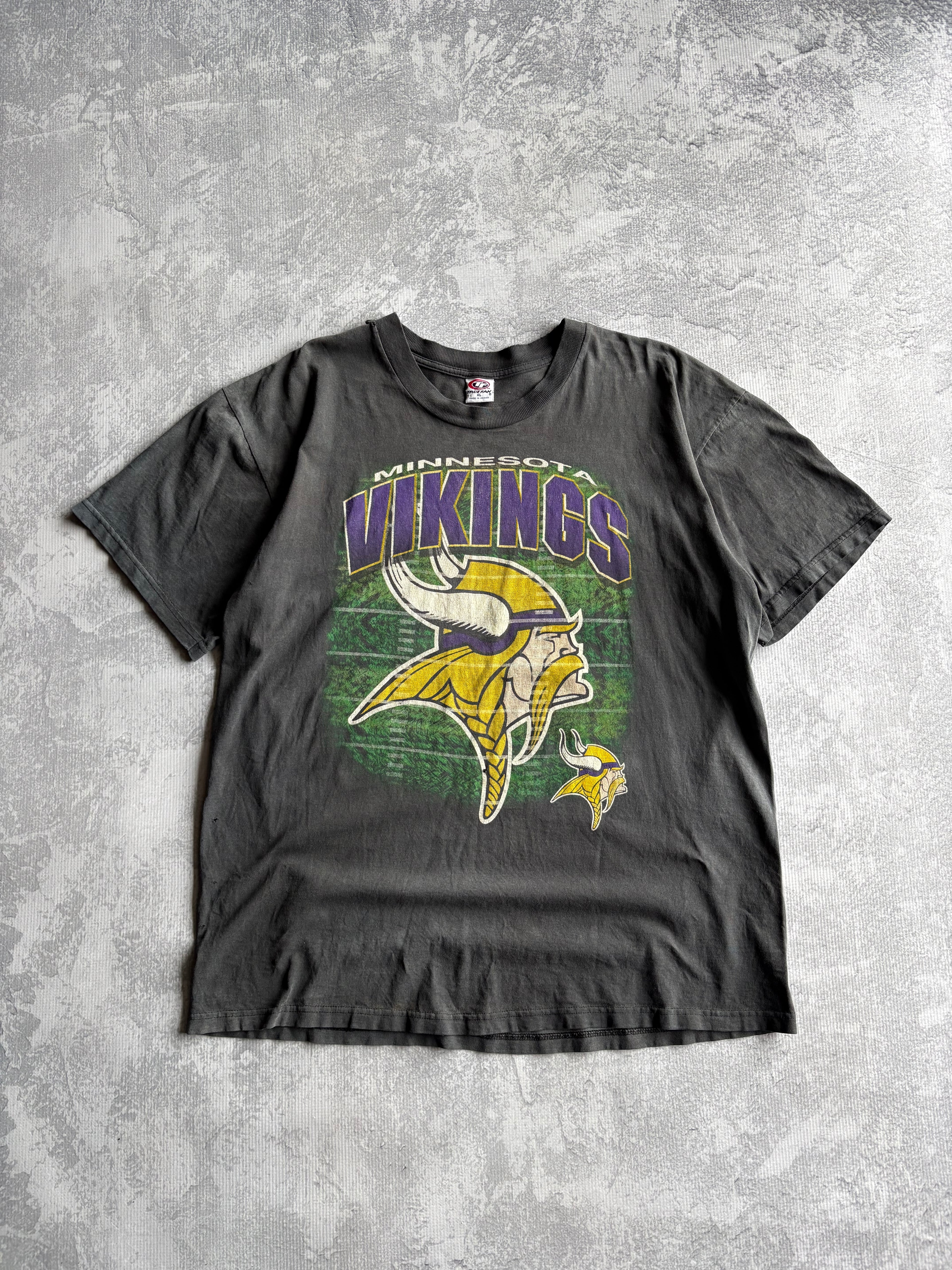 Vintage 90s Minnesota Vikings Spellout Logo Faded Black Tee Shirt - XL