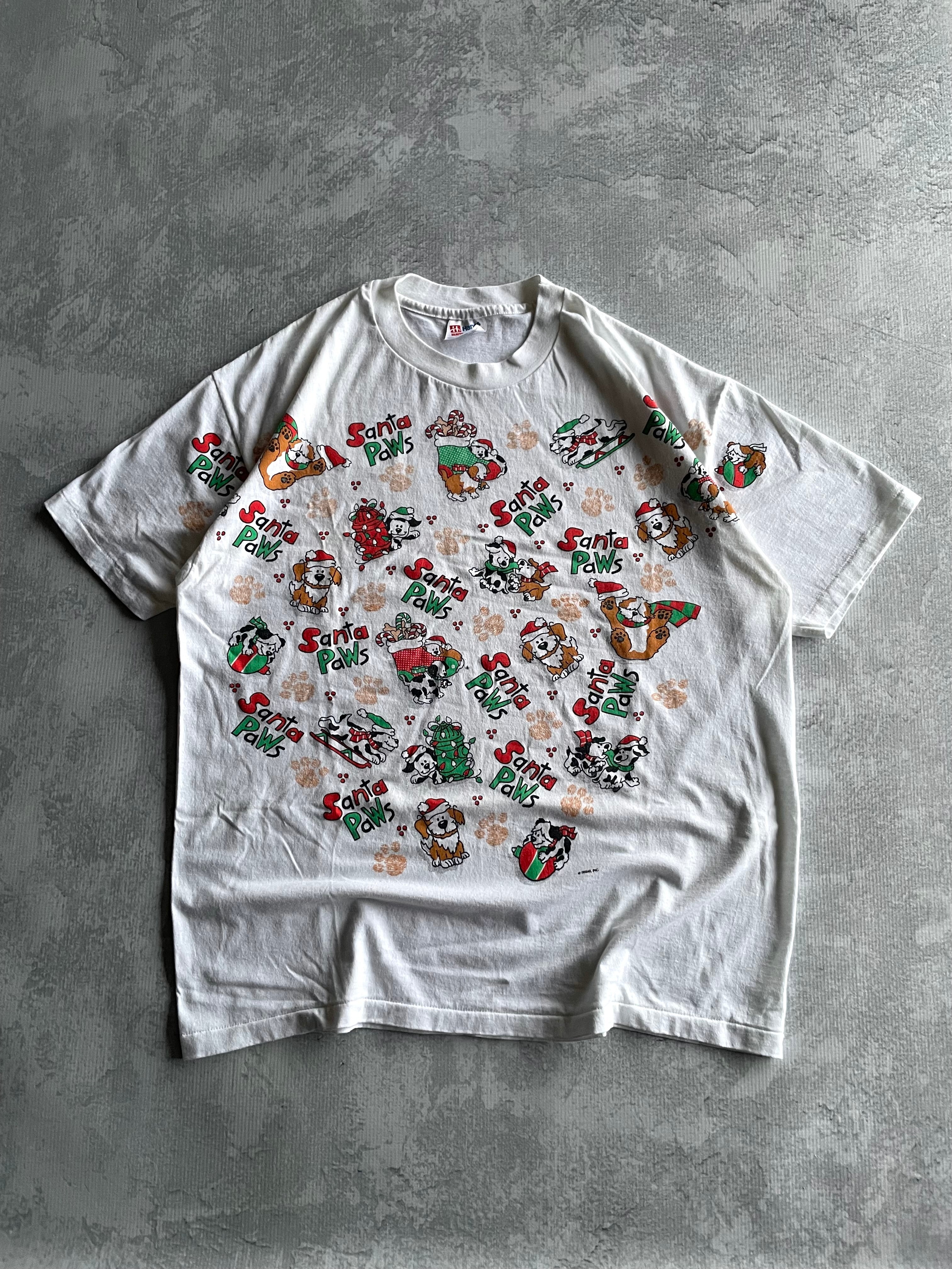 Vintage 90s Santa Paws Dog Christmas AOP White Tee Shirt - XL
