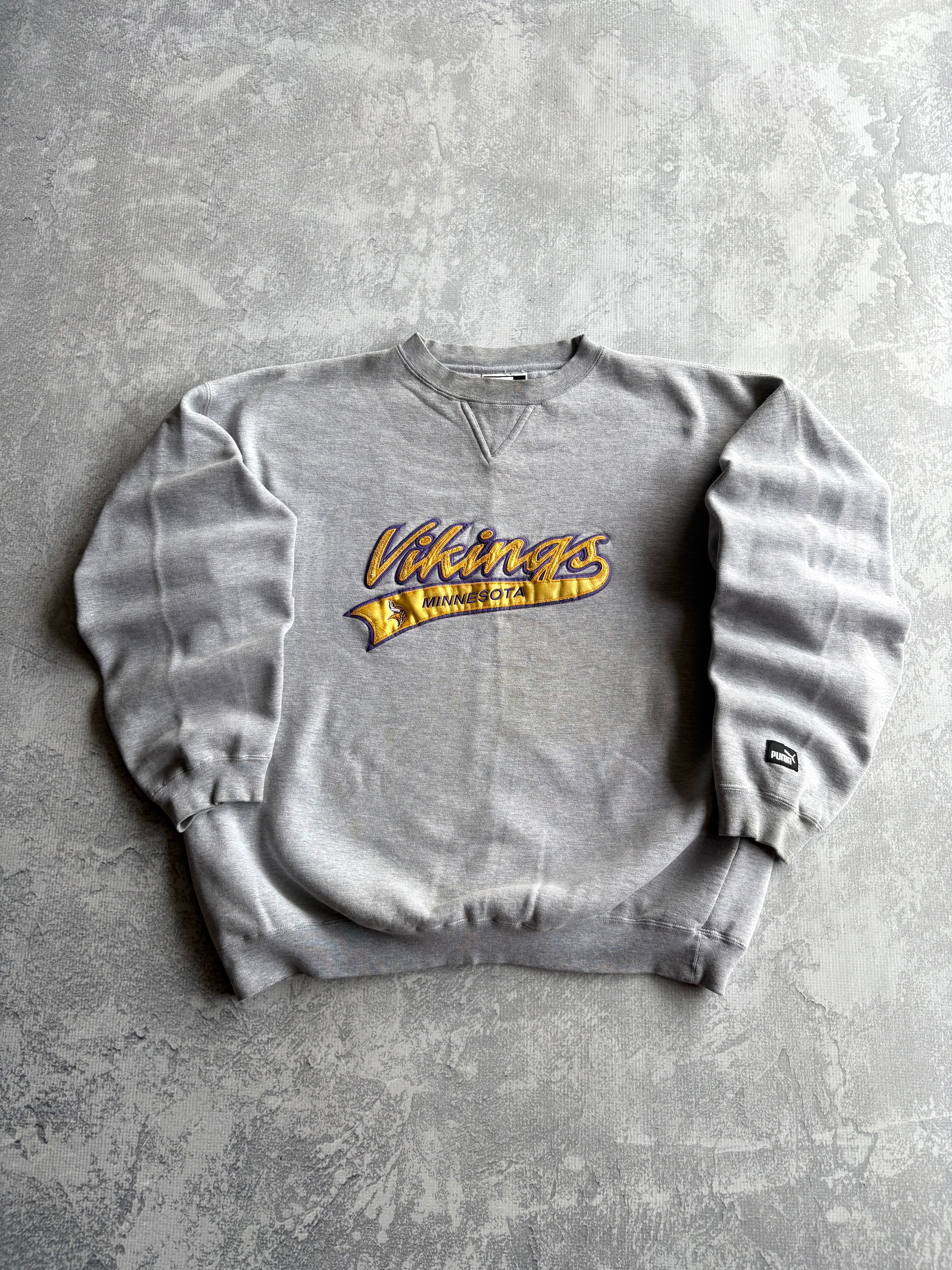 Vintage 90s Puma Minnesota Vikings NFL Grey Spellout Sweater - XL