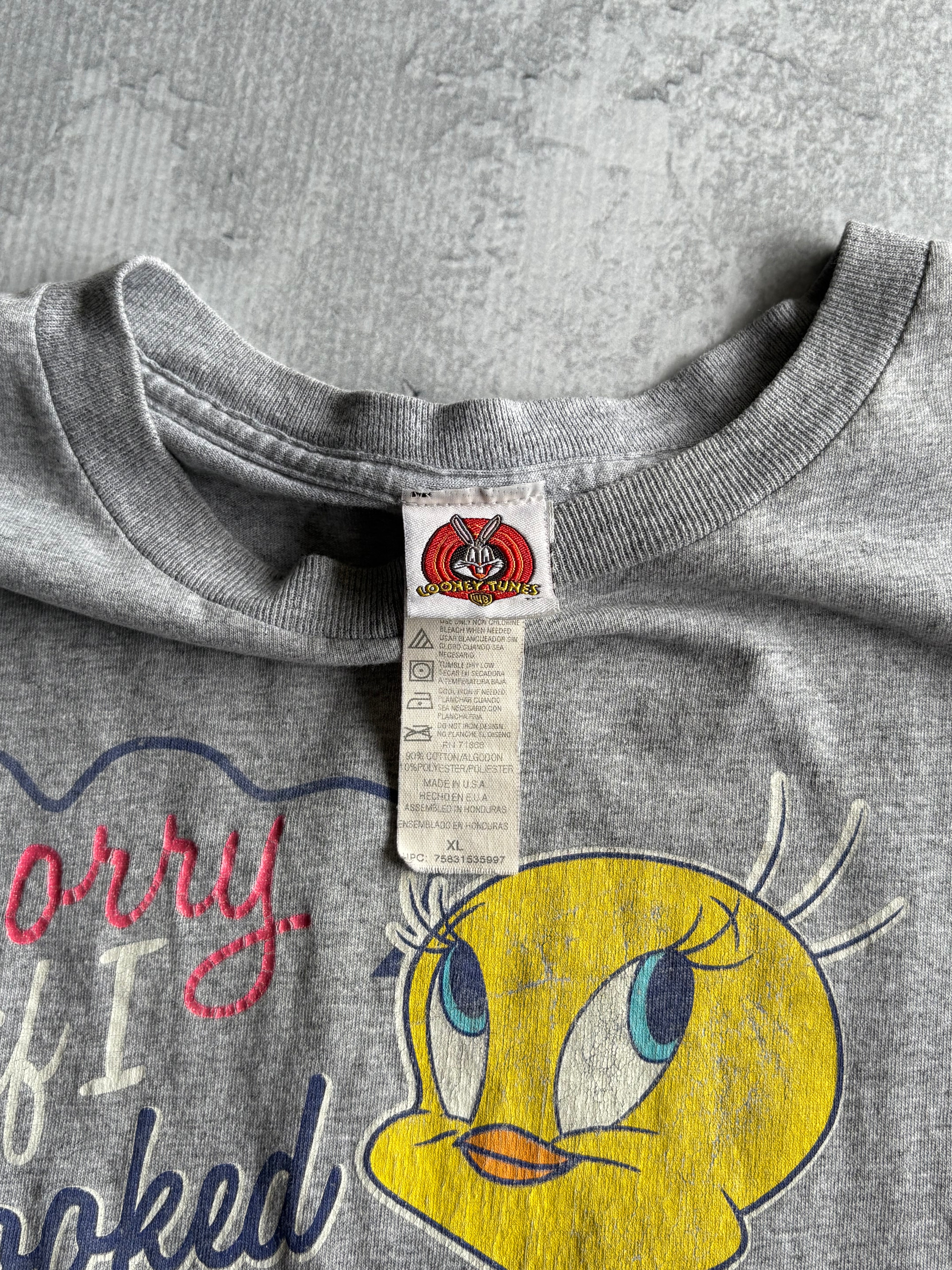 Vintage Y2K Looney Tunes Tweety Not Interested Cartoon Grey Tee Shirt - XL