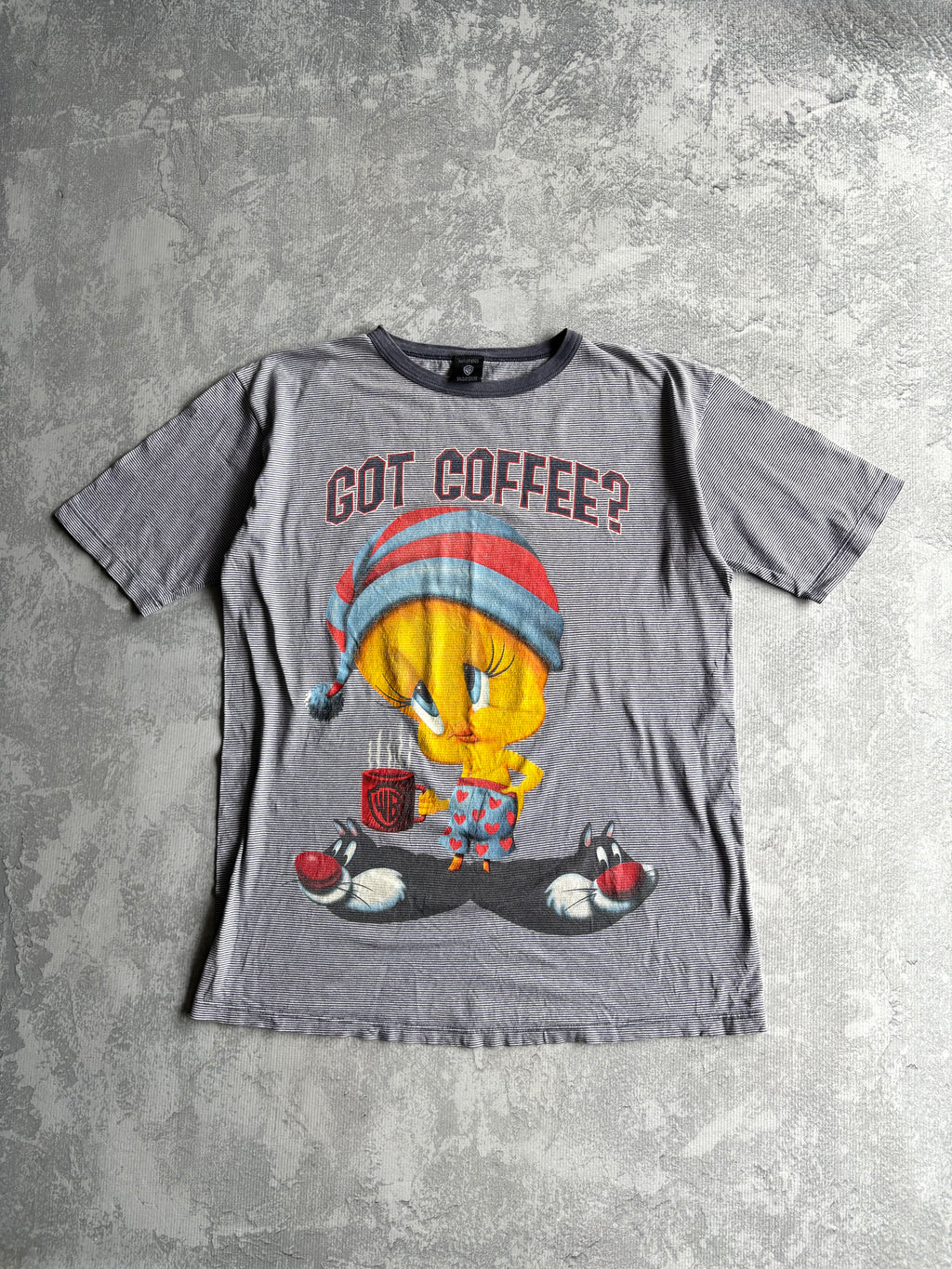 Vintage 90s Looney Tunes Tweety Got Coffee Cartoon Striped Tee Shirt - XLT