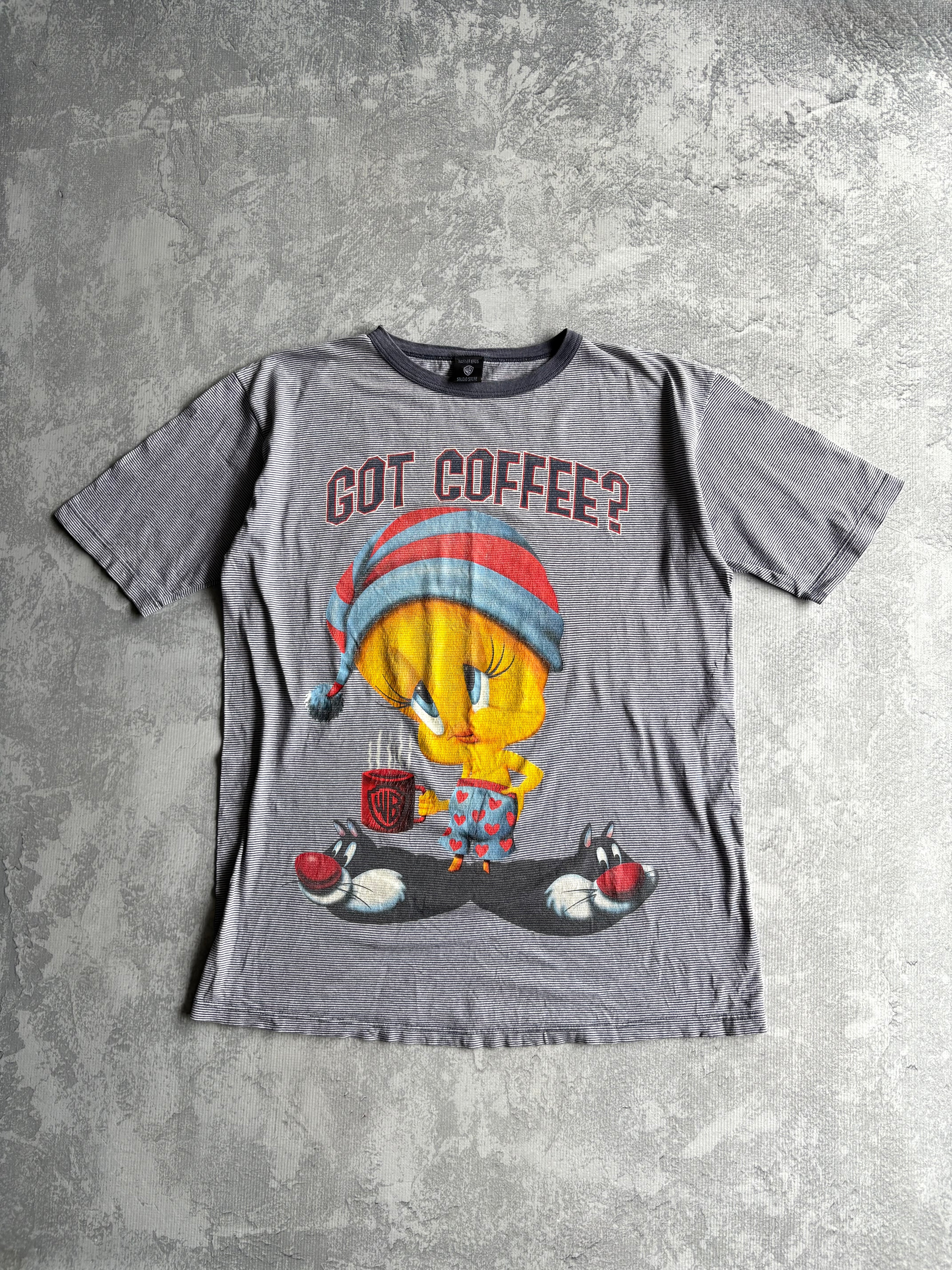 Vintage 90s Looney Tunes Tweety Got Coffee Cartoon Striped Tee Shirt - XLT