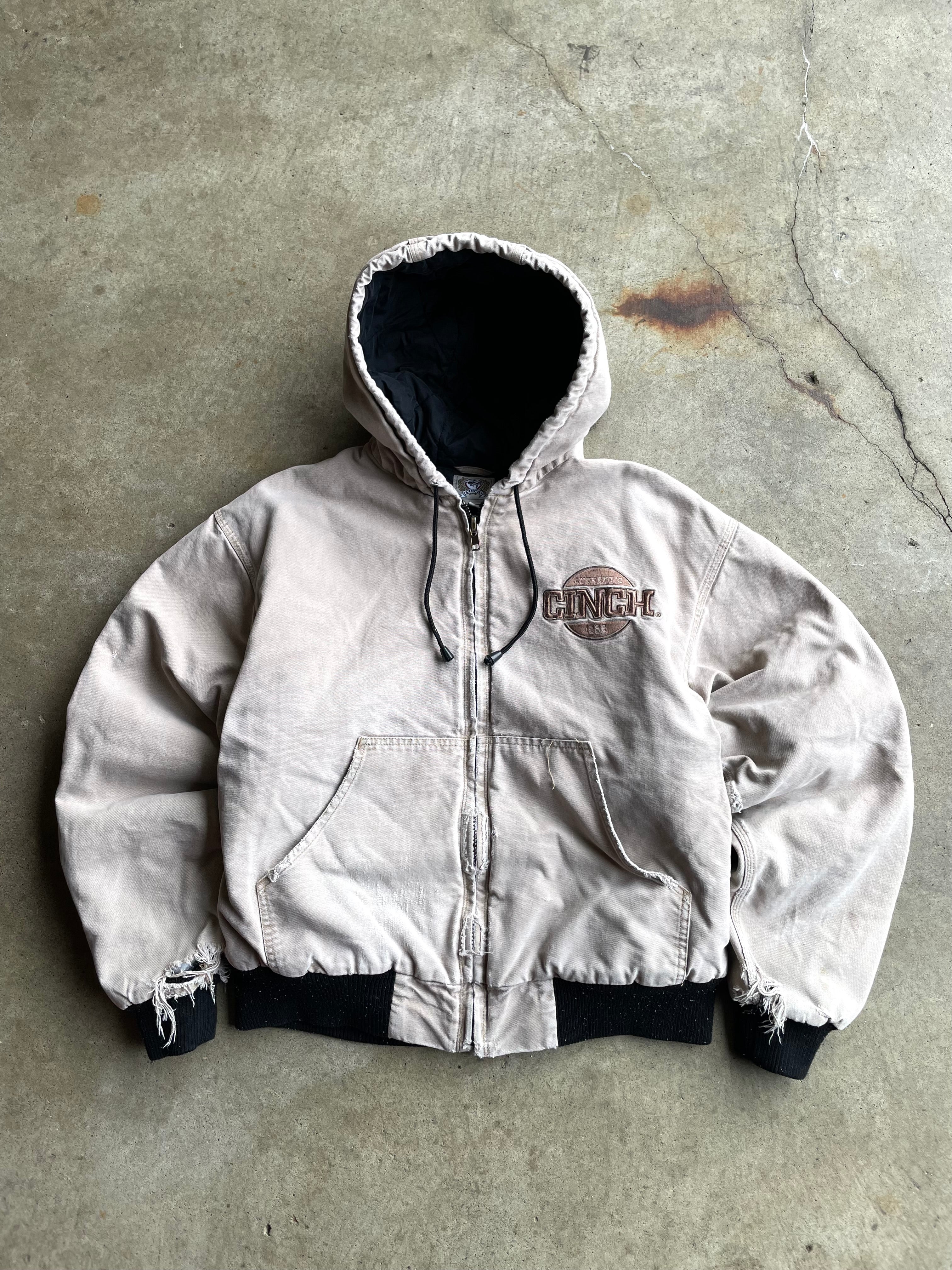 Vintage Cinch Carhartt Style Thrashed Beige/Brown Worker Hooded Jacket - M