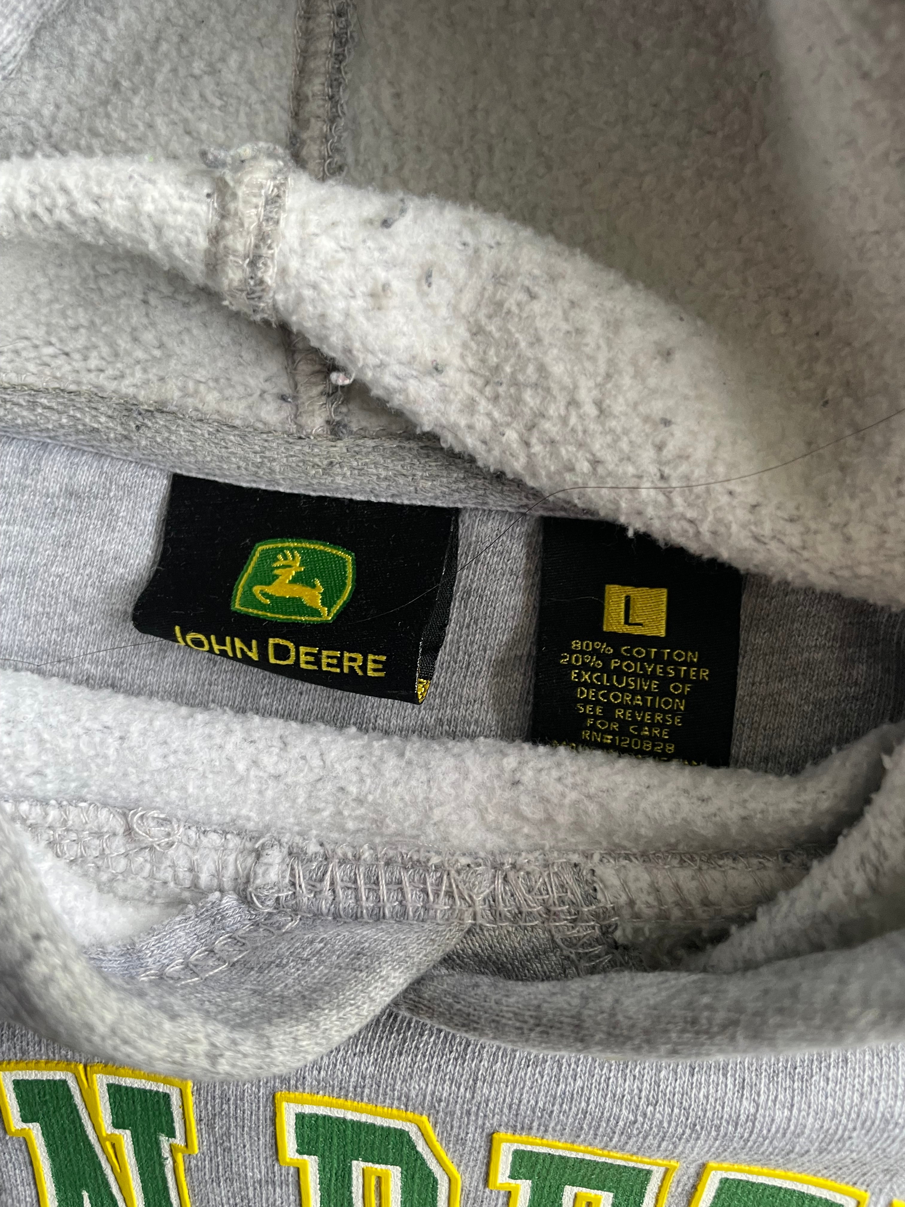 Vintage John Deere Spellout Logo Grey Hoodie - L