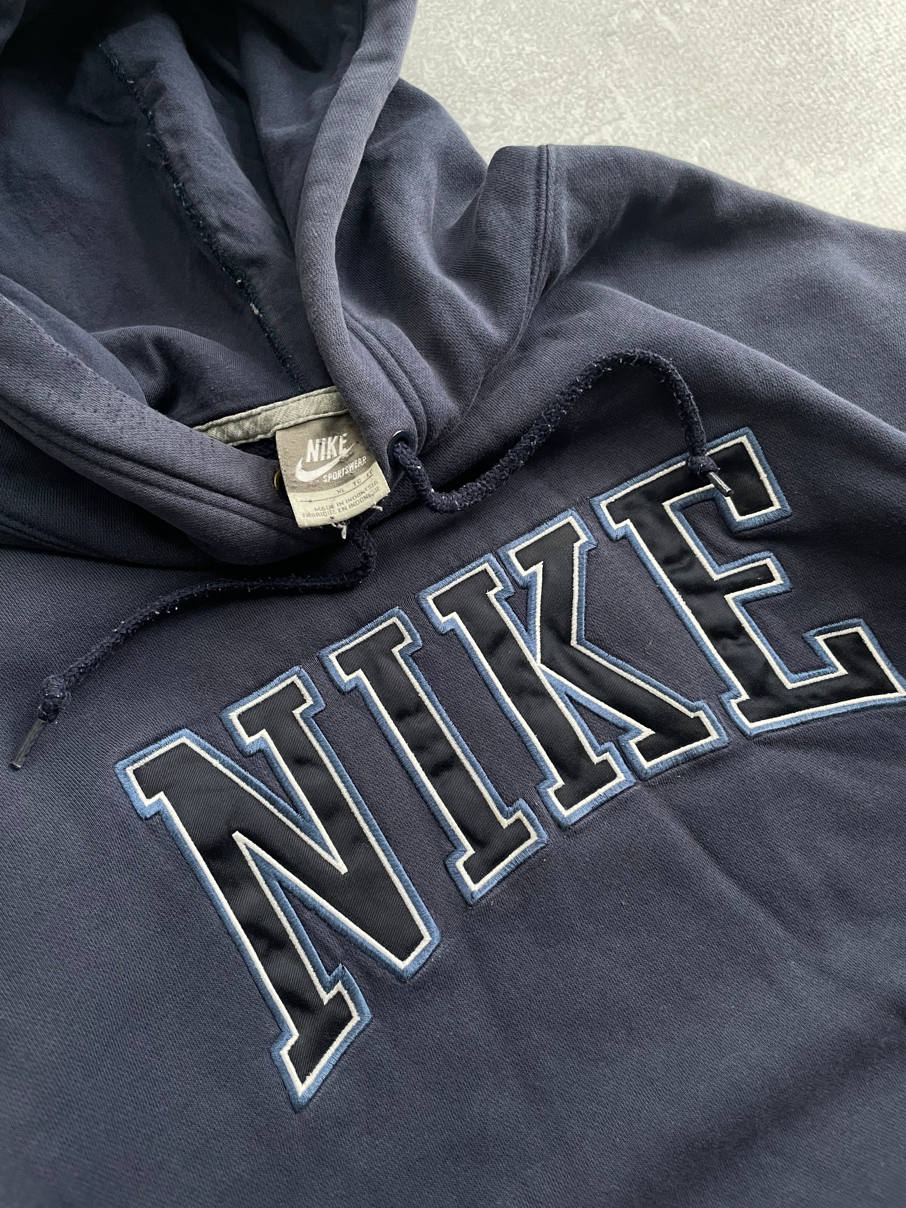 Vintage 2000s Nike Center Logo Spellout Navy Blue Hoodie - XL