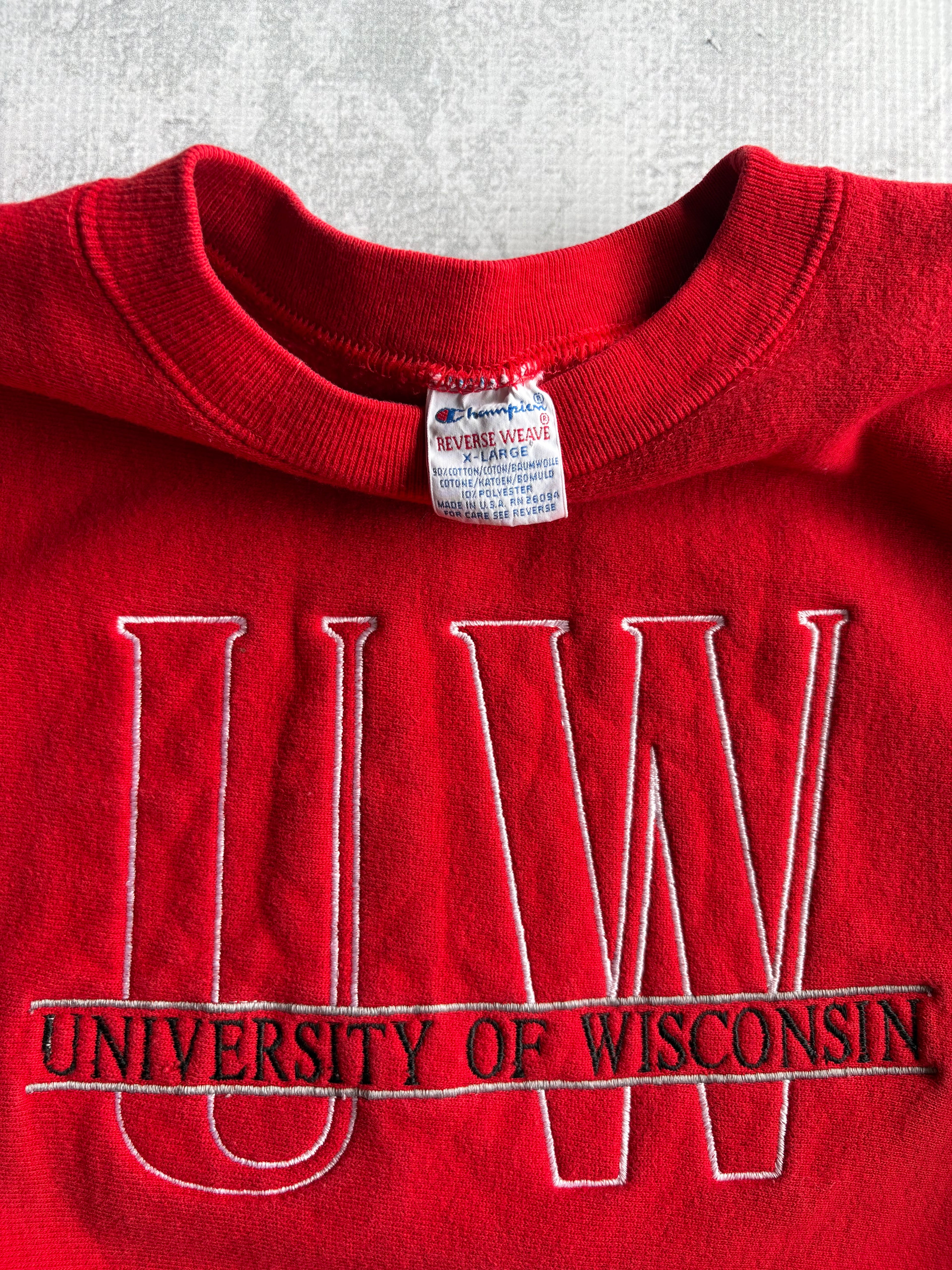 Vintage 90s Wisconsin Badgers Champion Reverse Weave Red Sweatshirt - XL