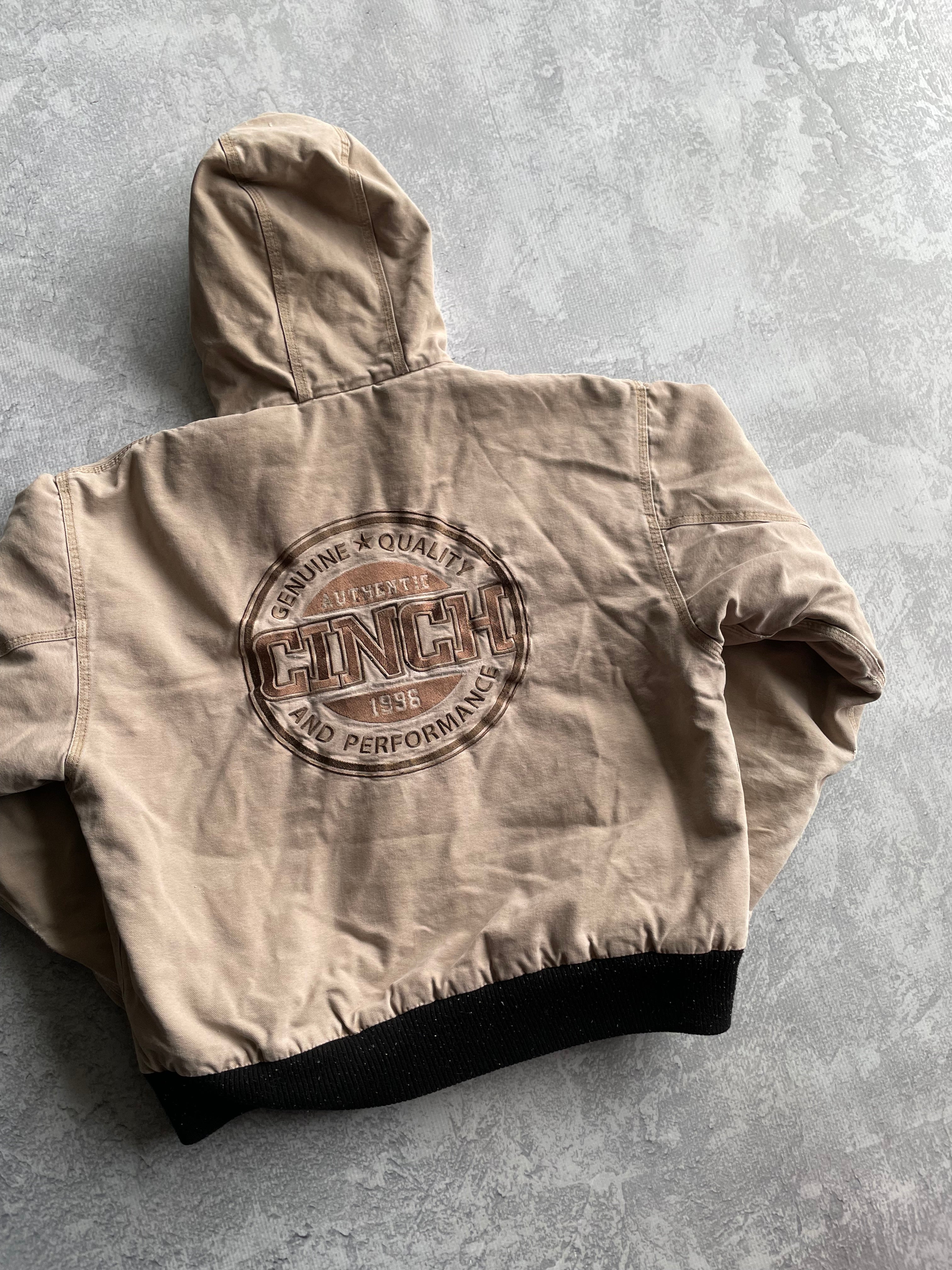 Vintage Cinch Carhartt Style Thrashed Beige/Brown Worker Hooded Jacket - M