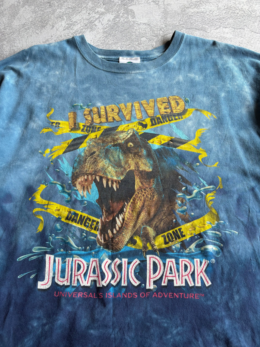 Vintage 2000s I Survived Jurassic Park Universal Studios Tie Dye Blue Tee Shirt - XL