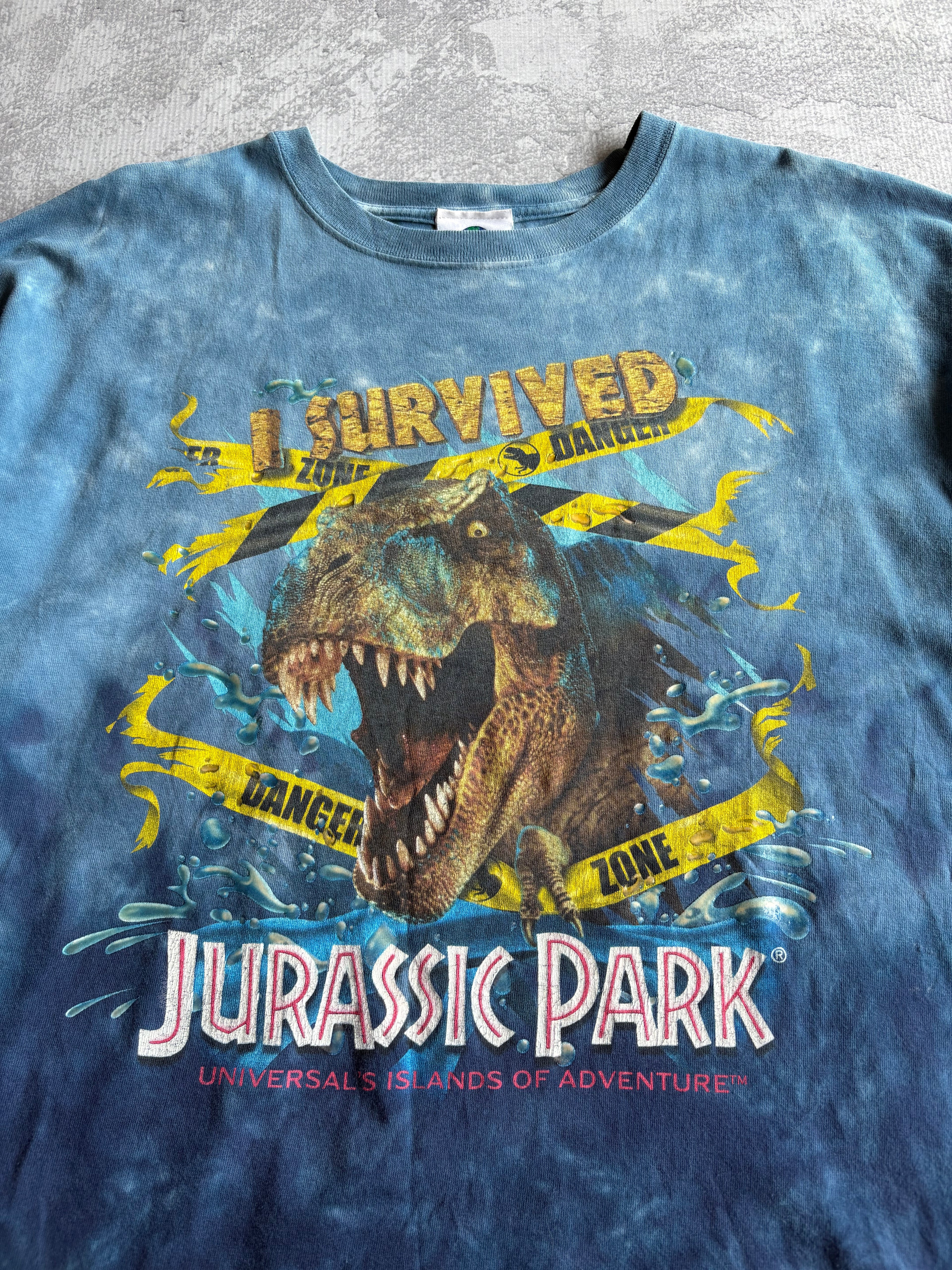 Vintage 2000s I Survived Jurassic Park Universal Studios Tie Dye Blue Tee Shirt - XL
