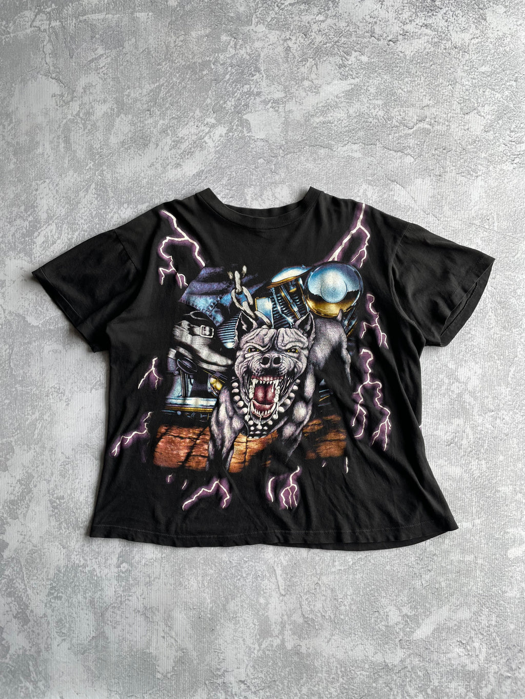 Vintage 90s American Thunder Biker Pitbull Lightning AOP Tee Shirt - L
