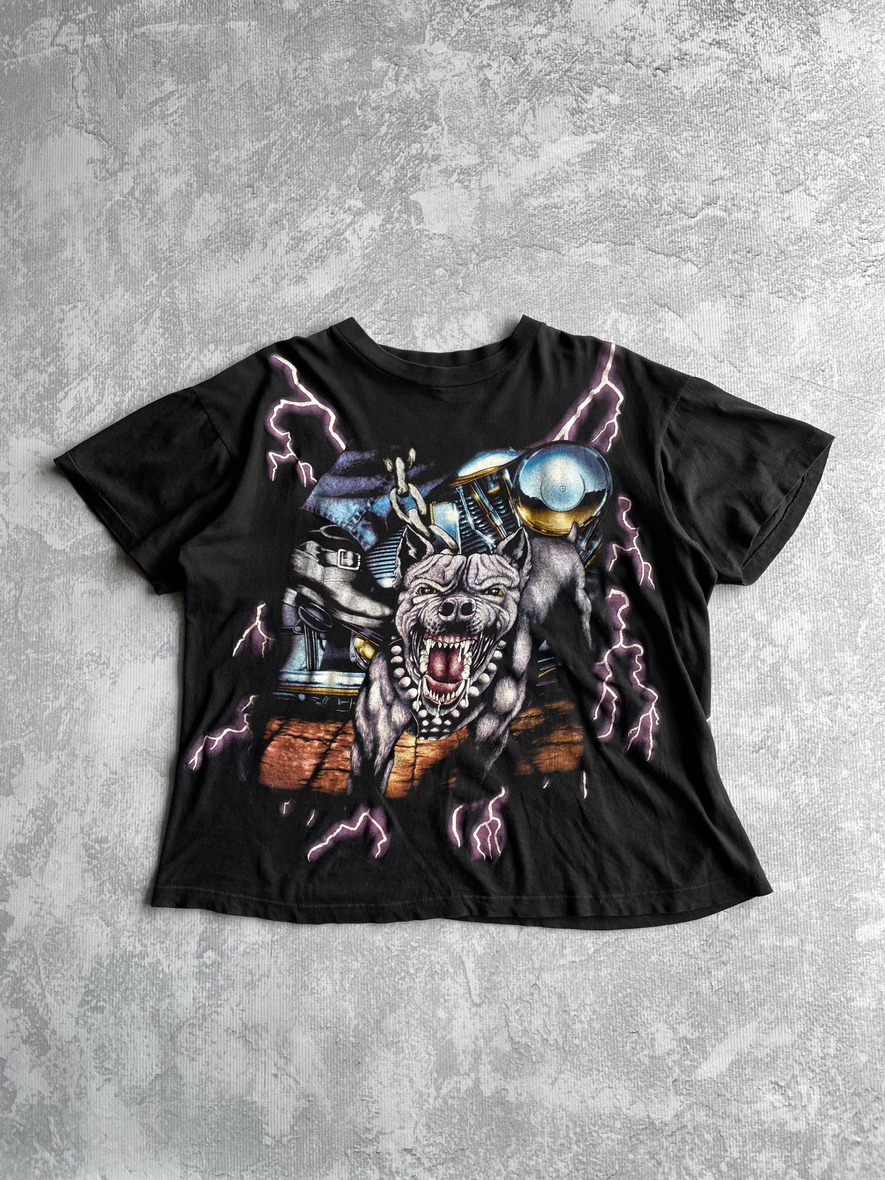 Vintage 90s American Thunder Biker Pitbull Lightning AOP Tee Shirt - L