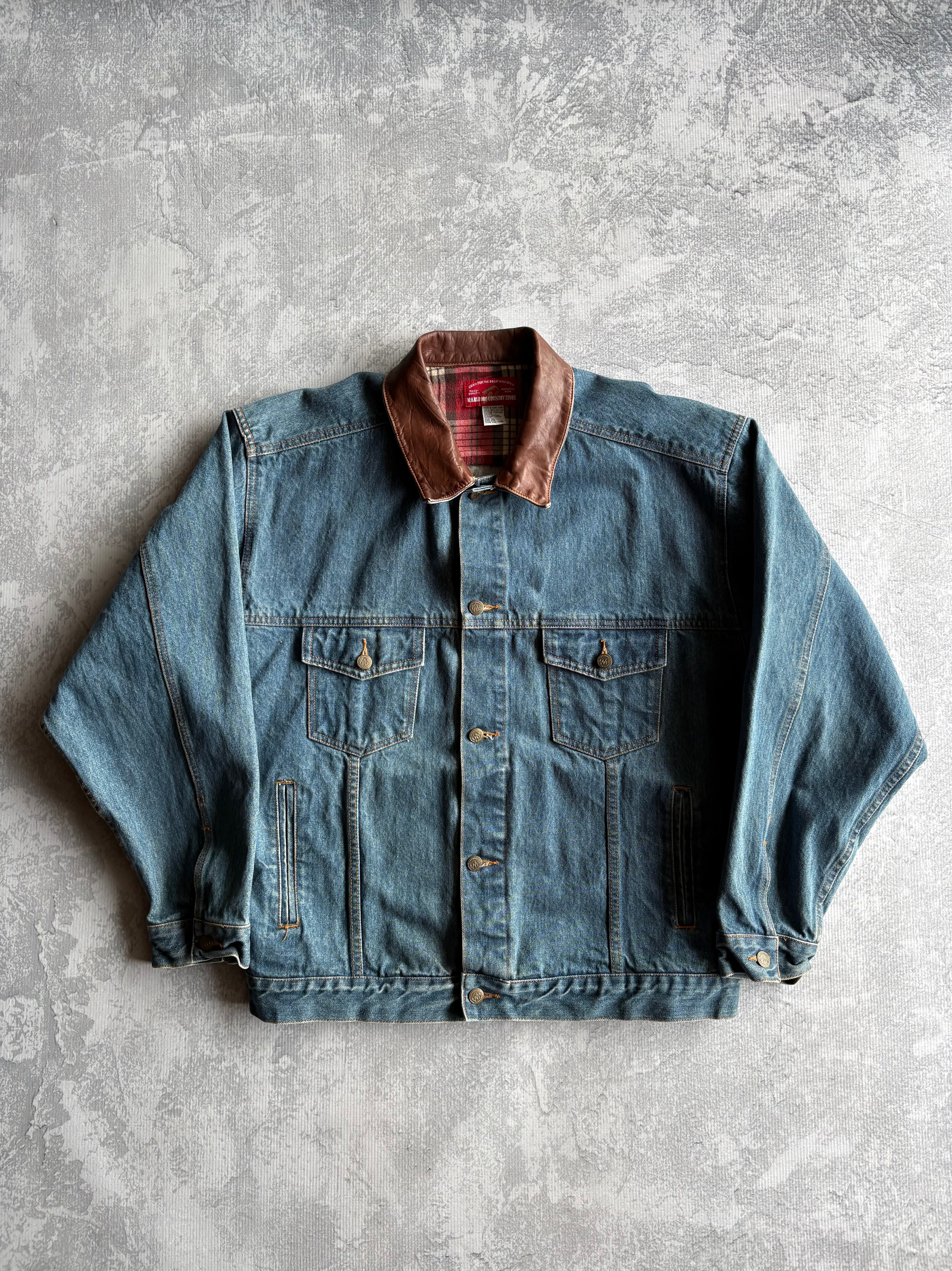 Vintage 90s Marlboro Western Collard Denim/Leather Trucker Jacket - XL