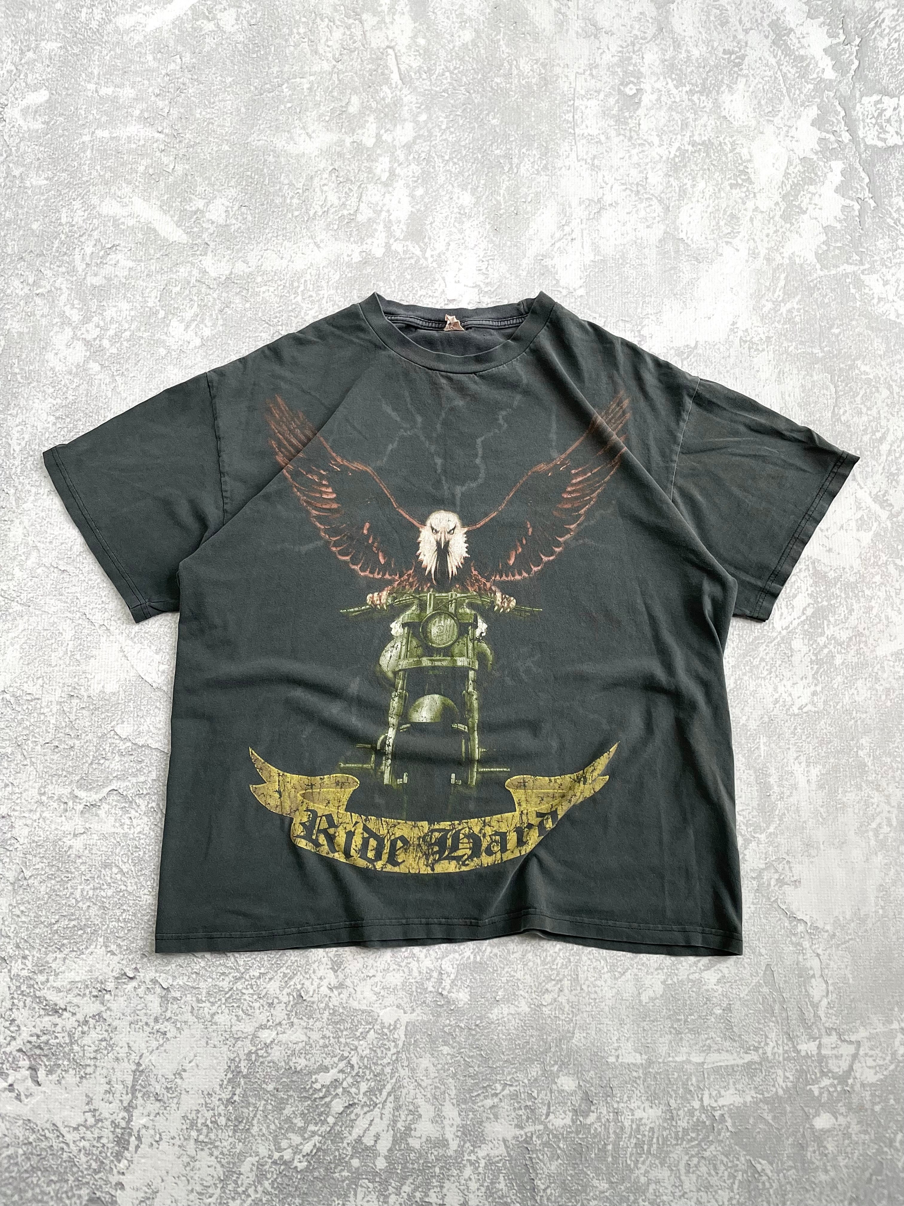 Vintage 2000s Biker Eagle Lightning Faded Grey Tee Shirt - XL