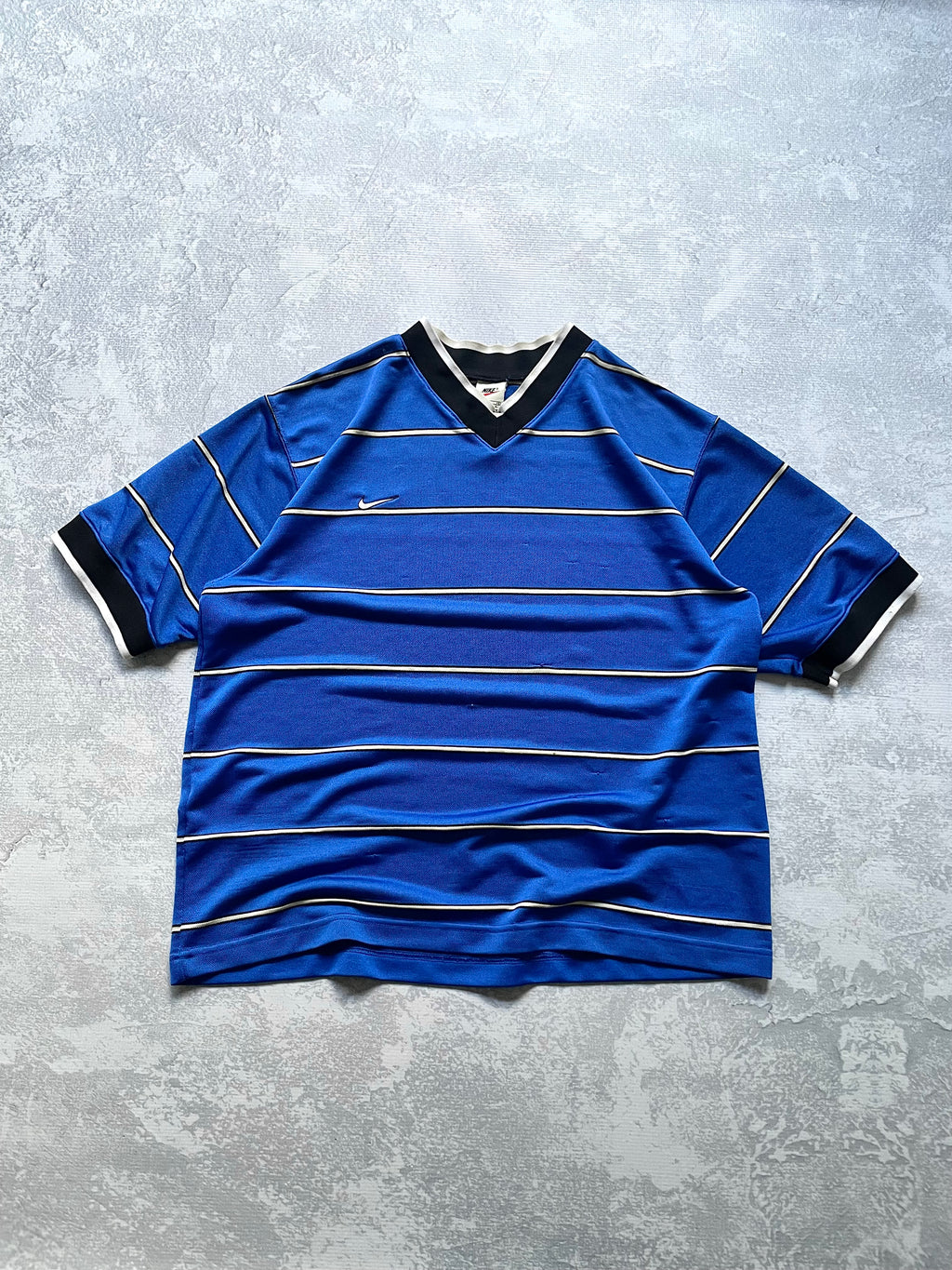 Vintage 90s Nike Sriped Blue Vneck Jersey Tee Shirt - XL