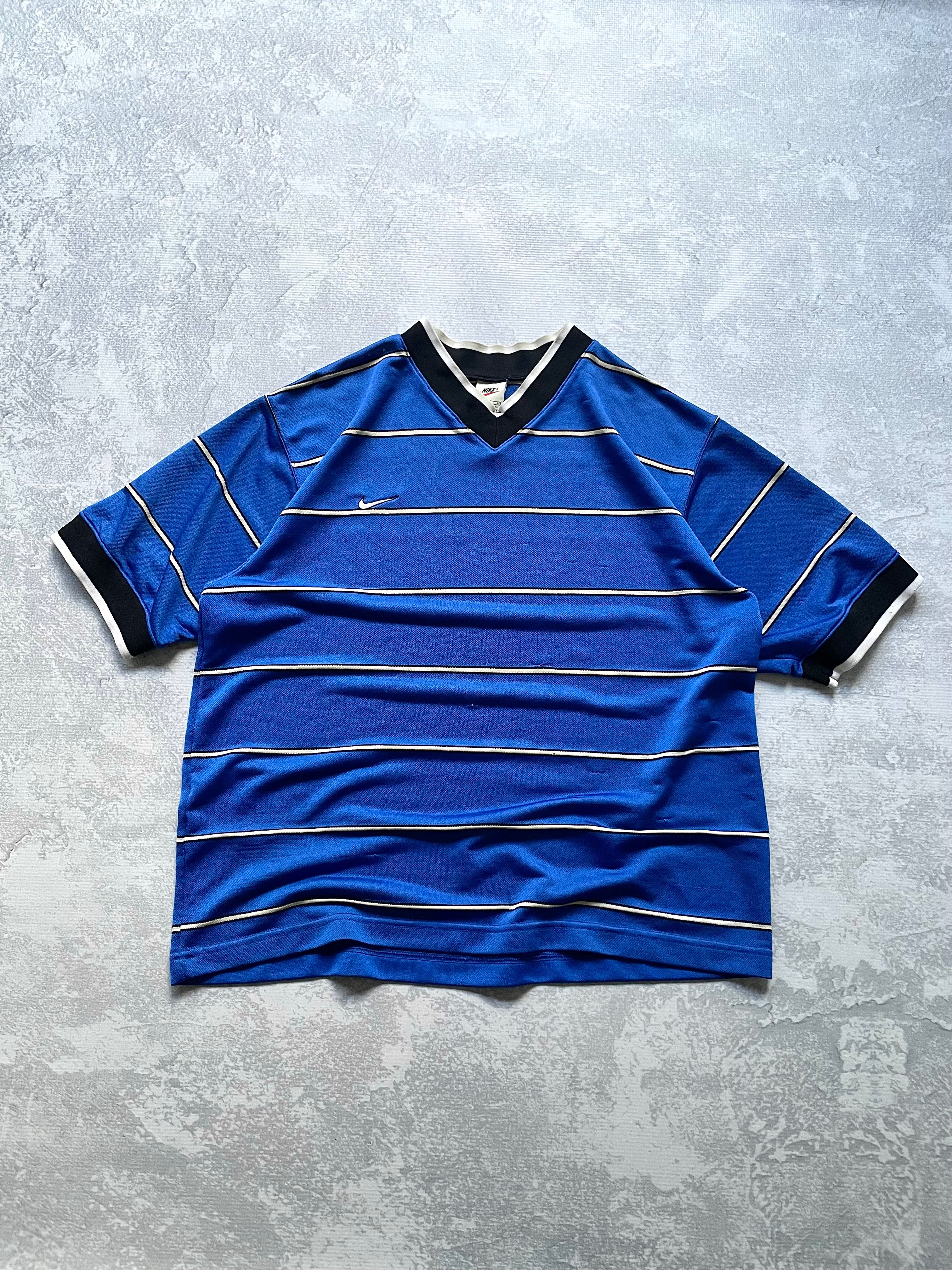 Vintage 90s Nike Sriped Blue Vneck Jersey Tee Shirt - XL