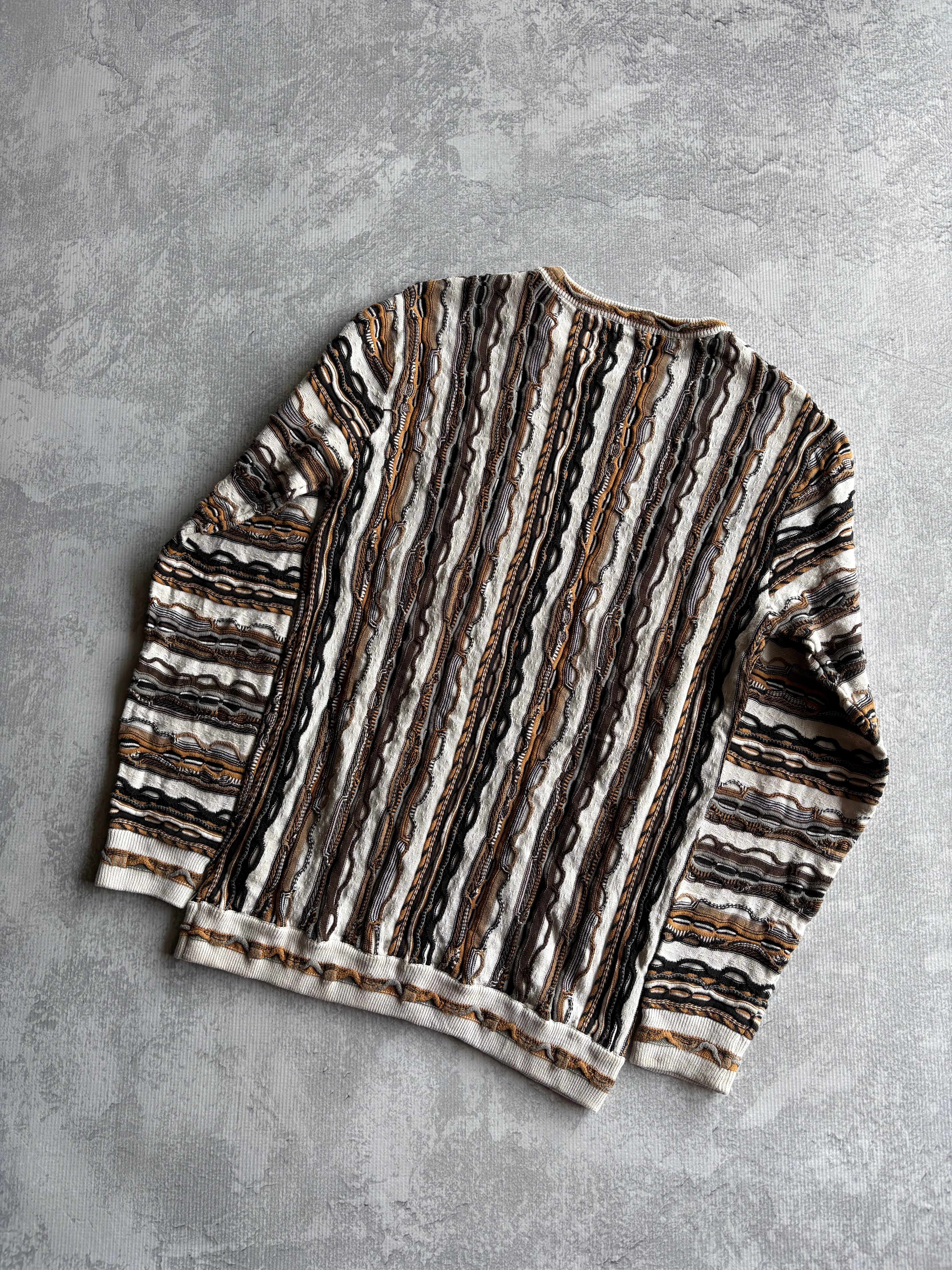 Vintage 90s 3D Abstract Striped Coogi Style White/Gold Knit Sweater - L