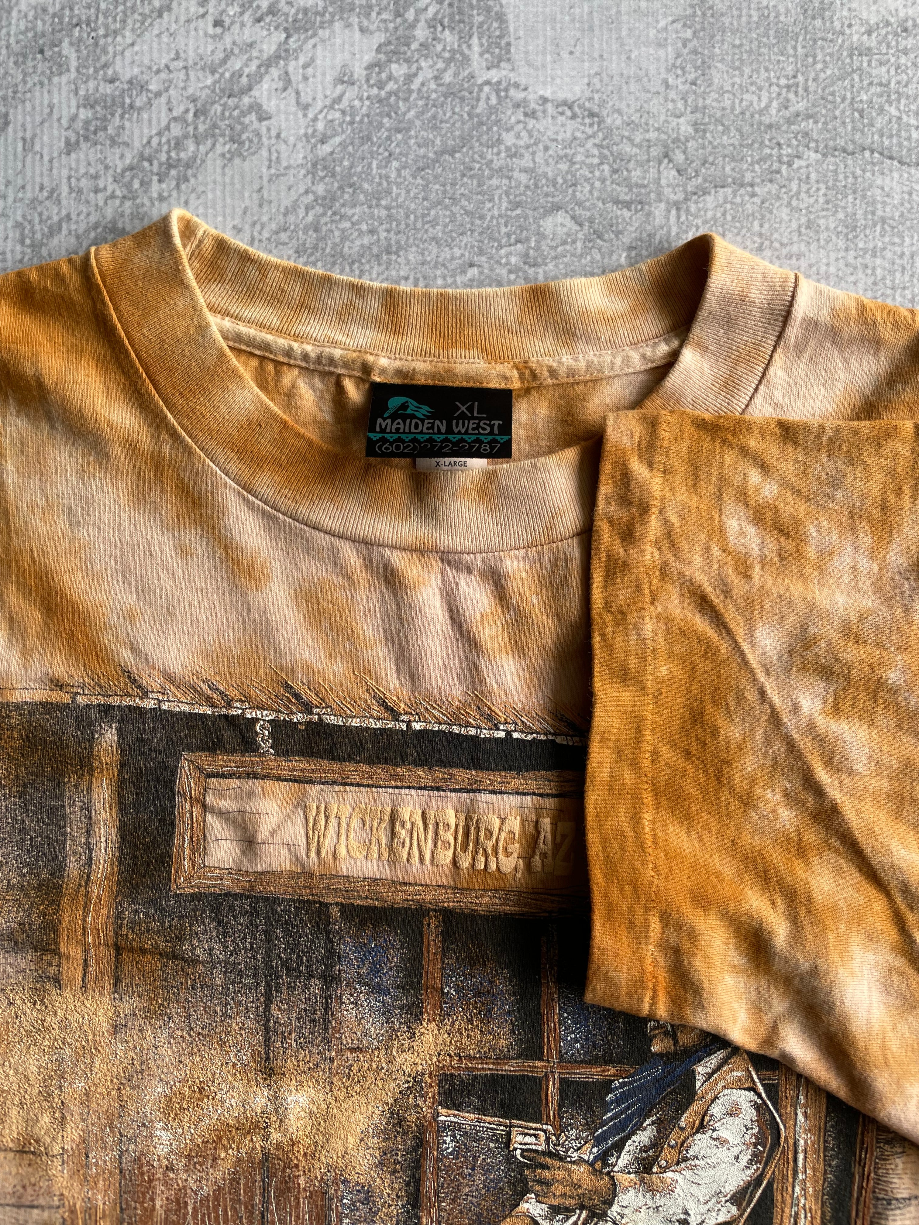 Vintage 90s Western Cowboy Orange Tie Dye AOP Tee Shirt - XL