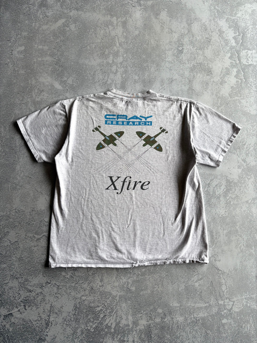Vintage 90s Cray Research X Fire Tech Fighter Jets Grey Tee Shirt - XL