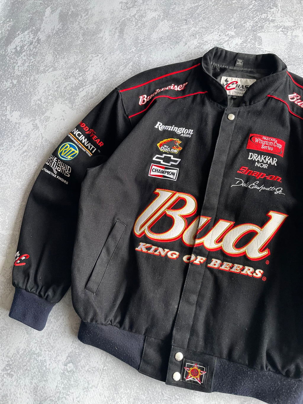 Vintage 90s Dale Earnhardt Jr NASCAR Budweiser Black Jacket - L
