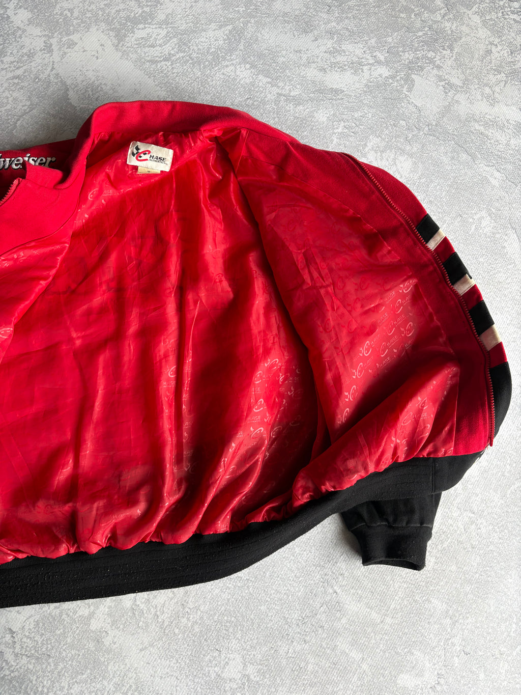 Vintage 90s Dale Earnhardt Jr NASCAR Budweiser Striped Red Racing Jacket - M