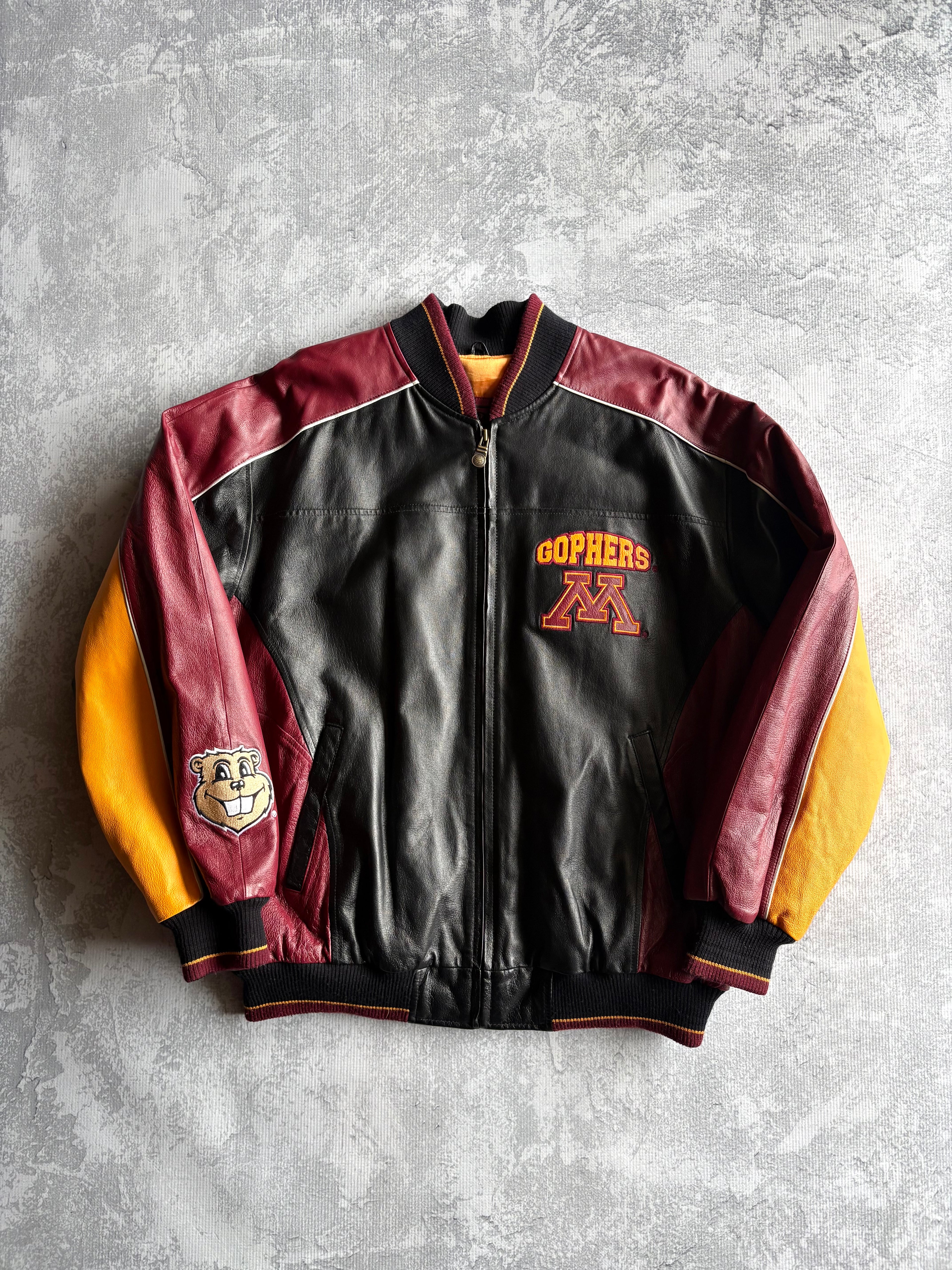 Vintage 90s Minnesota Gophers GI-3 Embroidered Leather Jacket - L