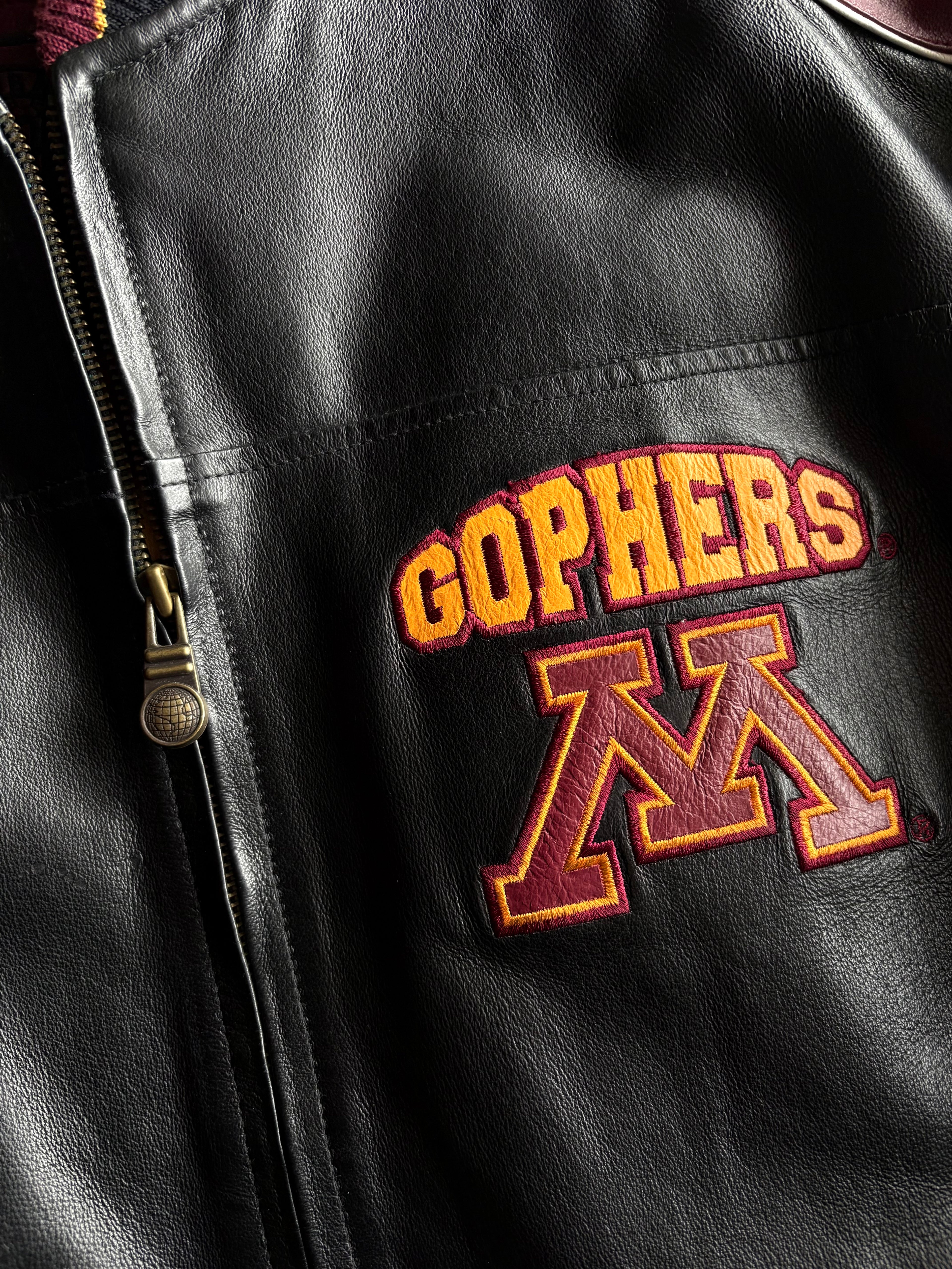 Vintage 90s Minnesota Gophers GI-3 Embroidered Leather Jacket - L