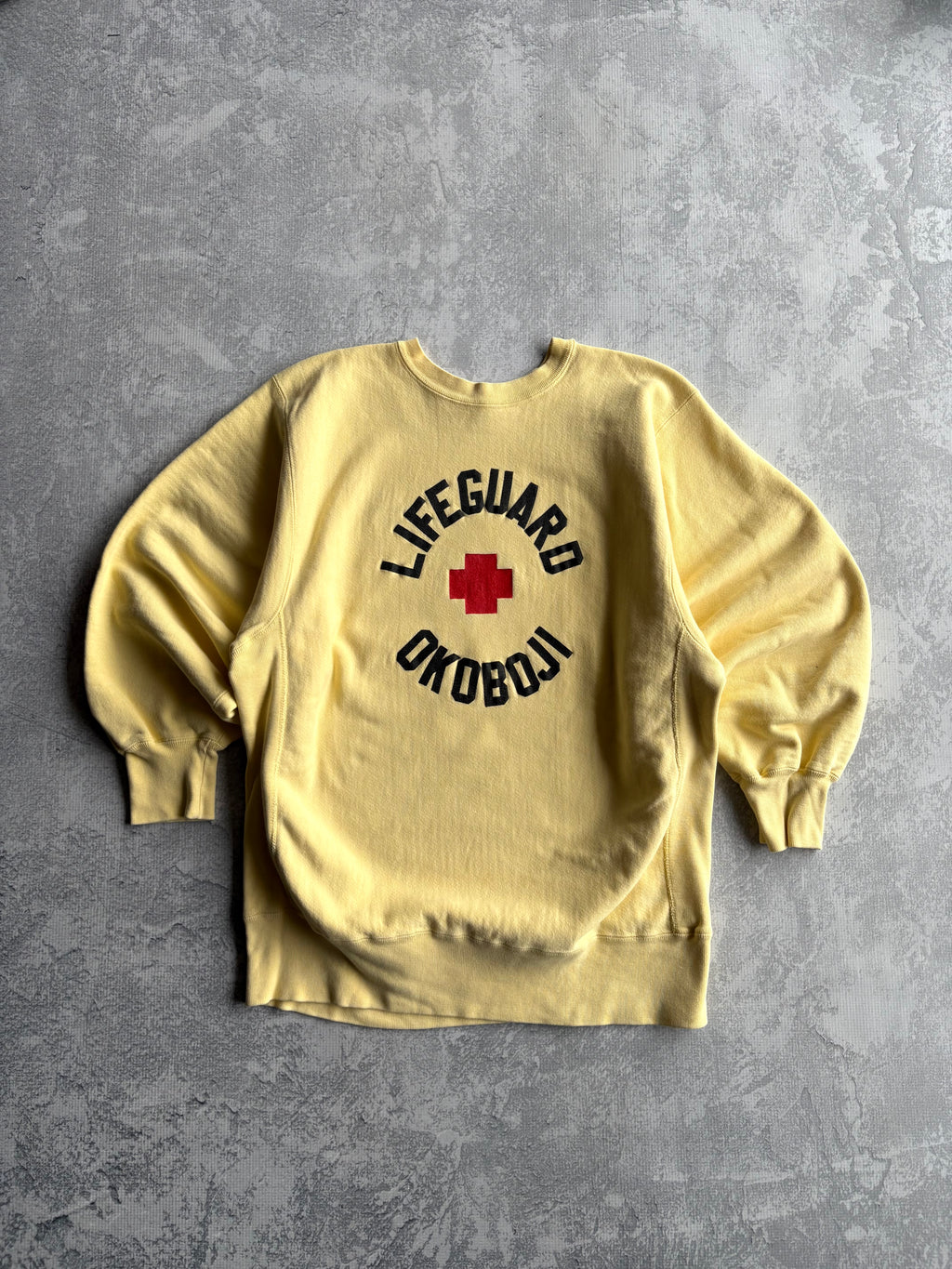 Vintage 80s Champion Reverse Weave Lifeguard Iowa Okoboji Yellow Sweater - XL