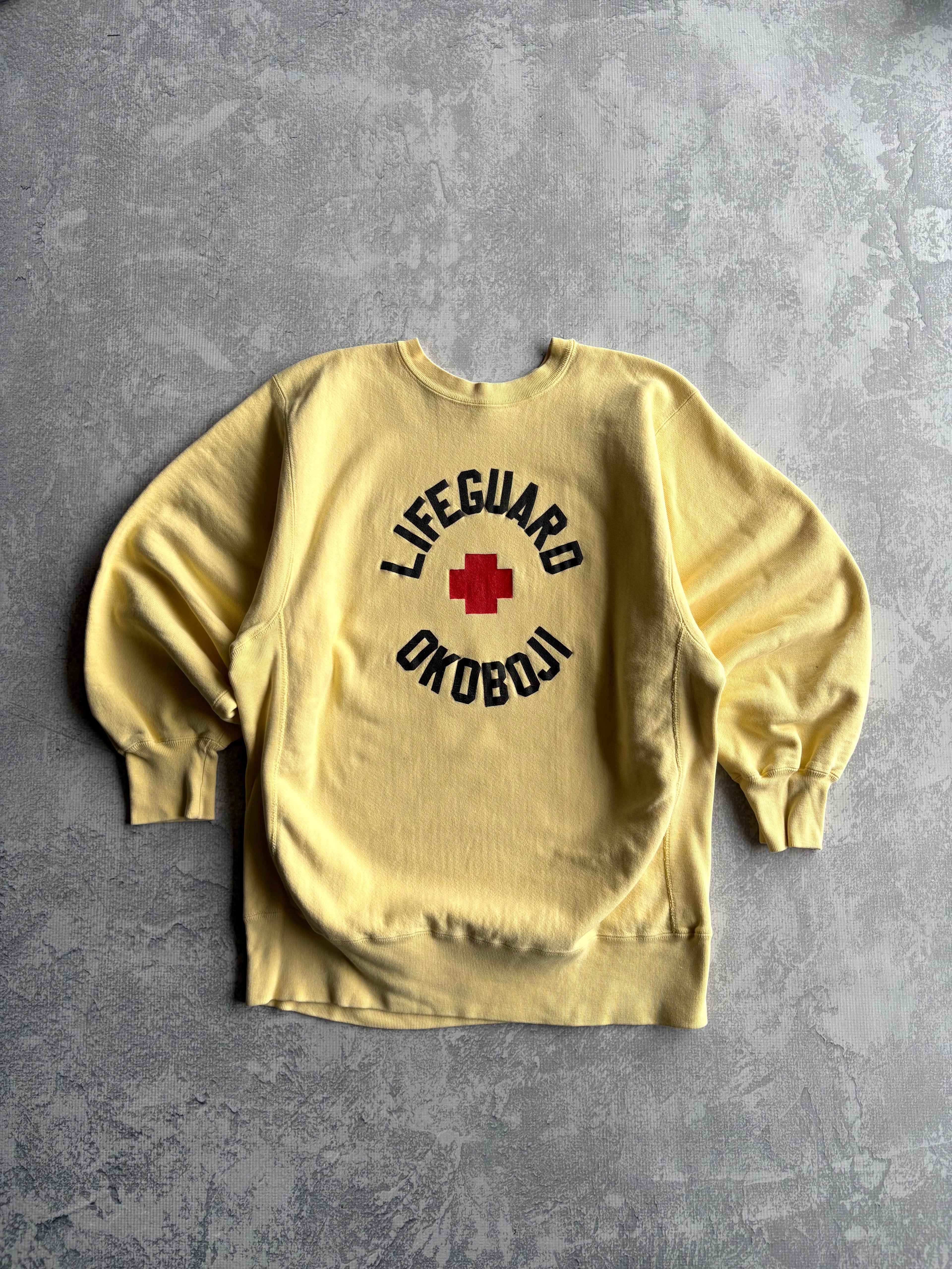 Vintage 80s Champion Reverse Weave Lifeguard Iowa Okoboji Yellow Sweater - XL